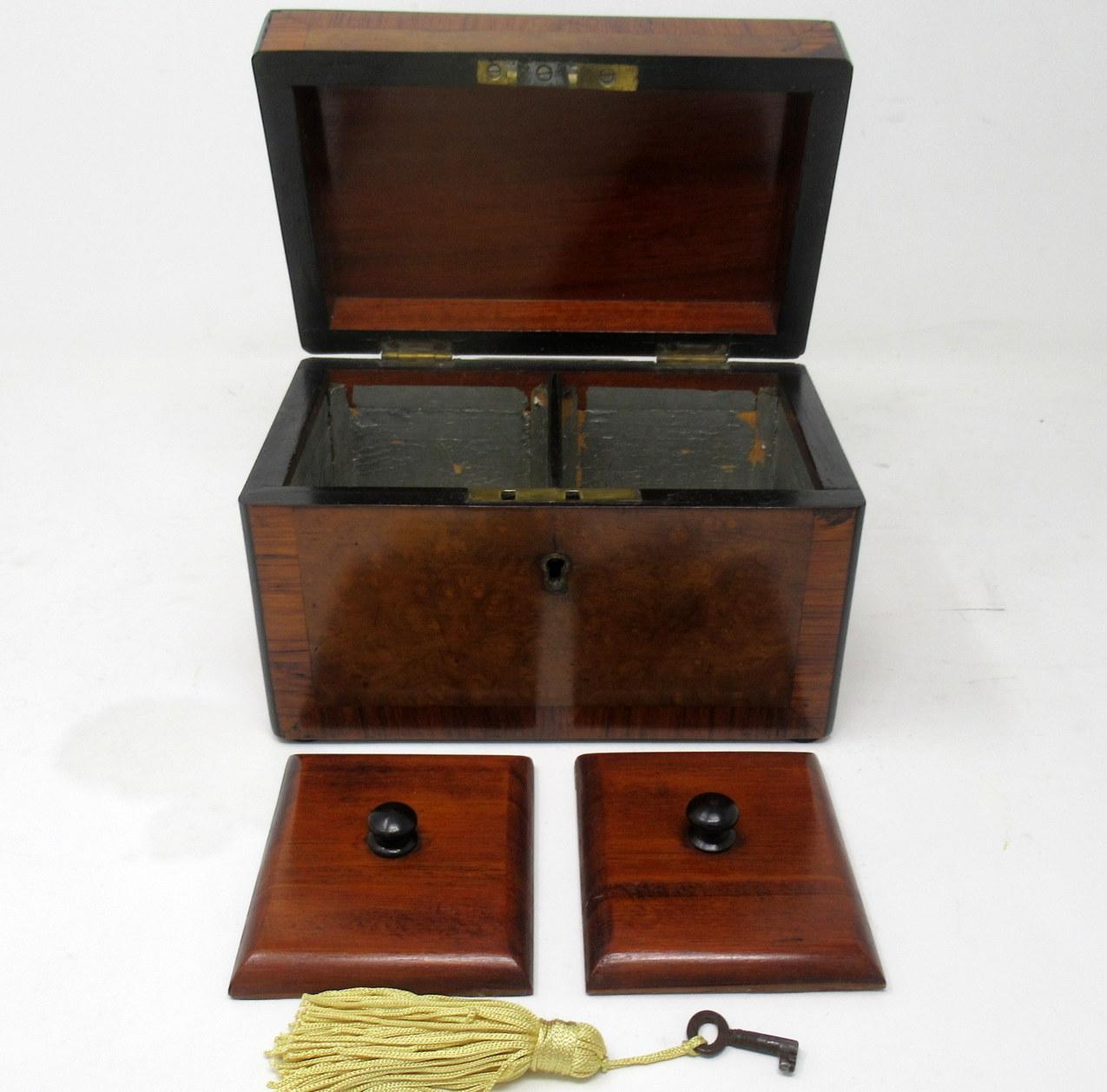 Antique Inlaid Georgian Burl Walnut English Double Tea Caddy Box 19th Century In Good Condition In Dublin, Ireland