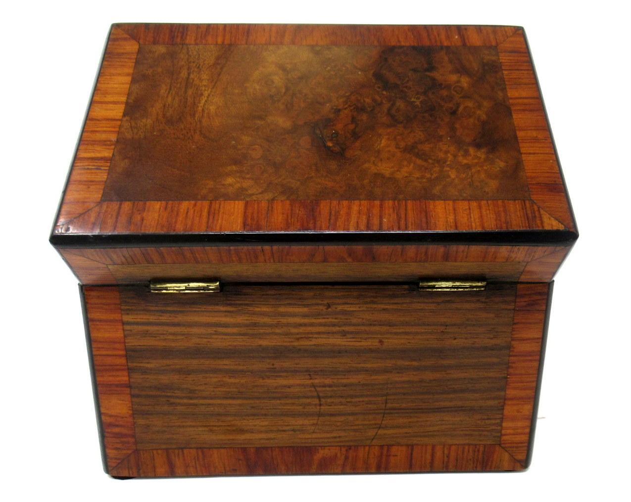 Antique Inlaid Georgian Burl Walnut English Double Tea Caddy Box 19th Century 1