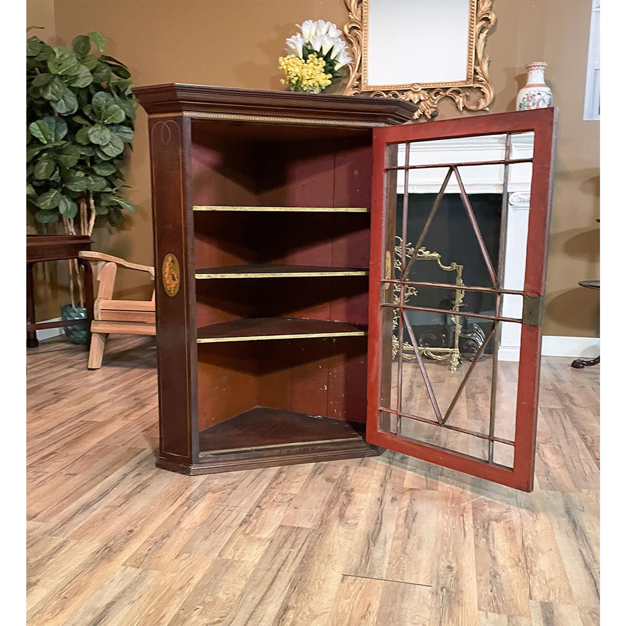 Blown Glass Antique Inlaid Hanging Mahogany Corner Cabinet For Sale