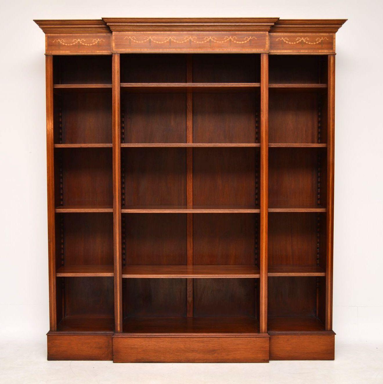 Large antique Sheraton style mahogany breakfront open bookcase, with some fine inlays of satinwood & other exotic woods. It's in excellent condition, having just been French polished & I would date it to around the 1950-1960s period. This is a well