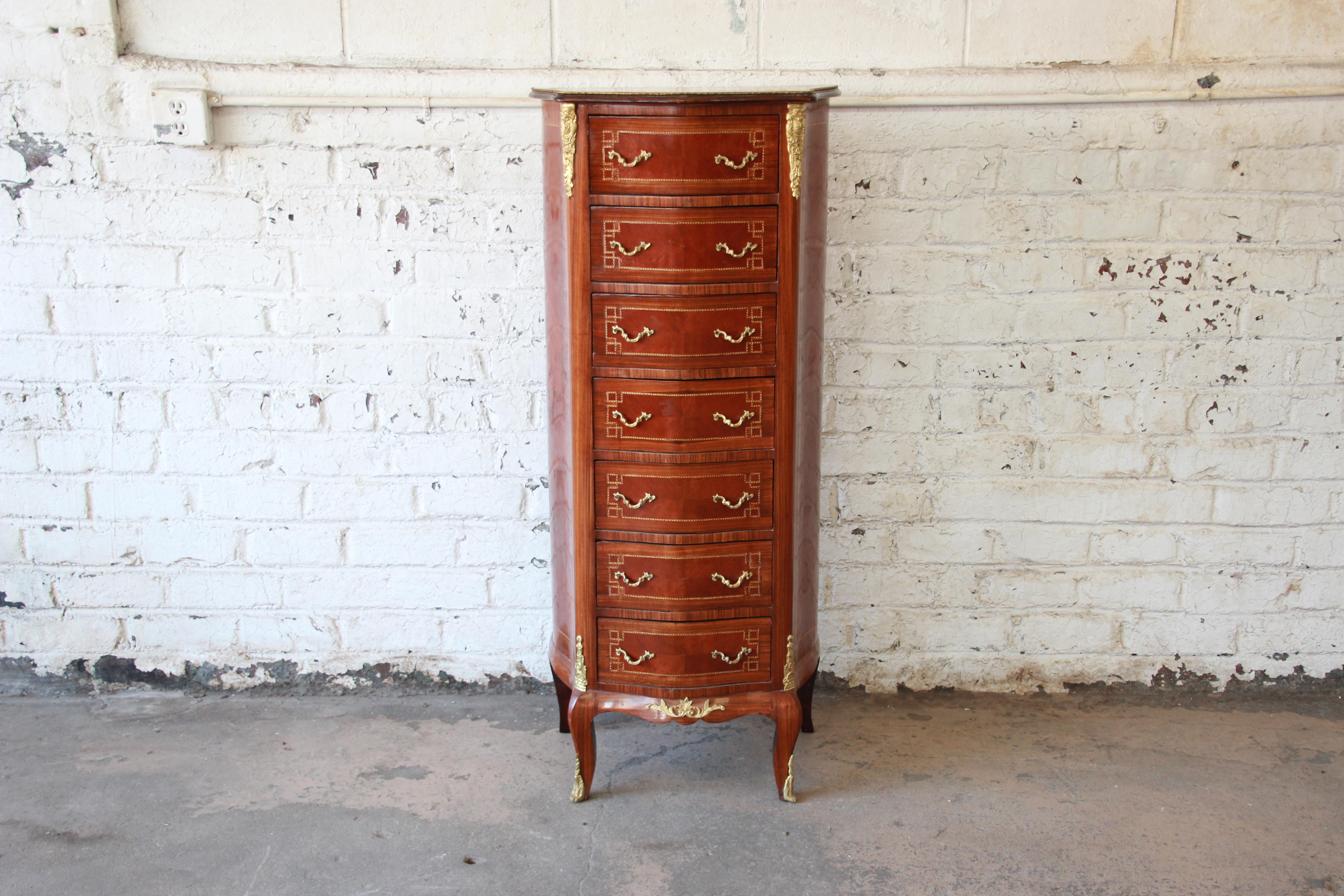 Offering a very beautiful inlaid mahogany French lingerie chest. Often referred to as a 