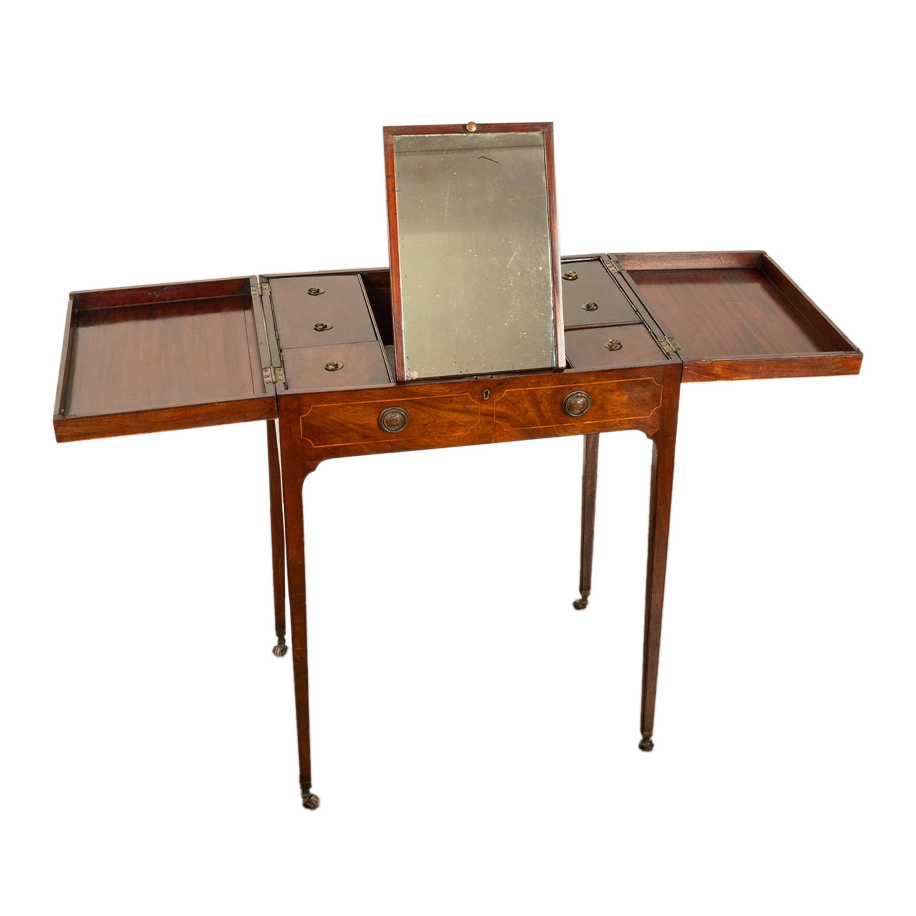 George III Antique Inlaid Mahogany Georgian Sheraton Folding Vanity Mirror Dressing Table