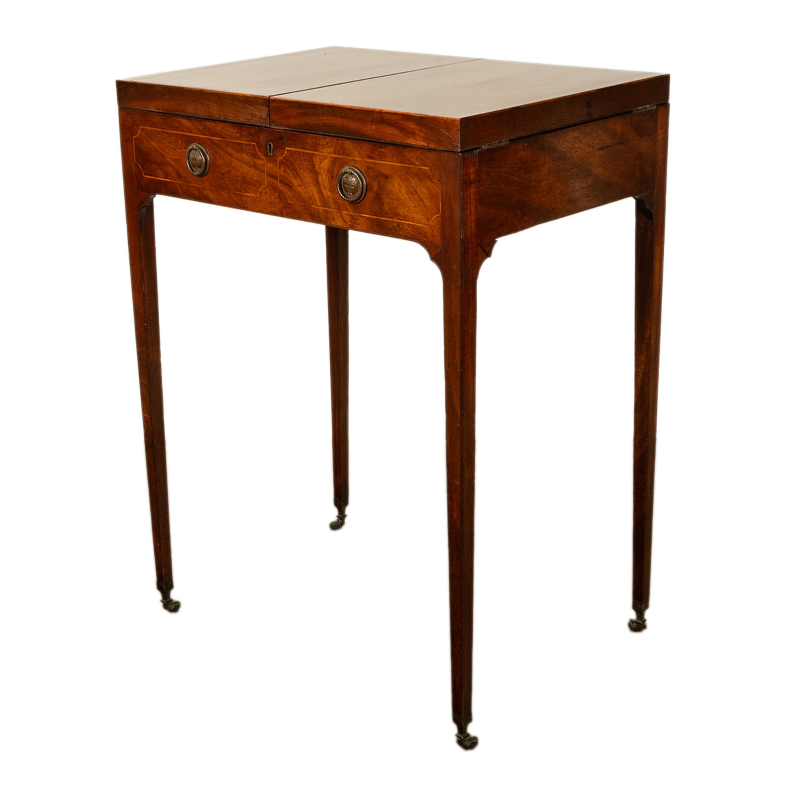 English Antique Inlaid Mahogany Georgian Sheraton Folding Vanity Mirror Dressing Table