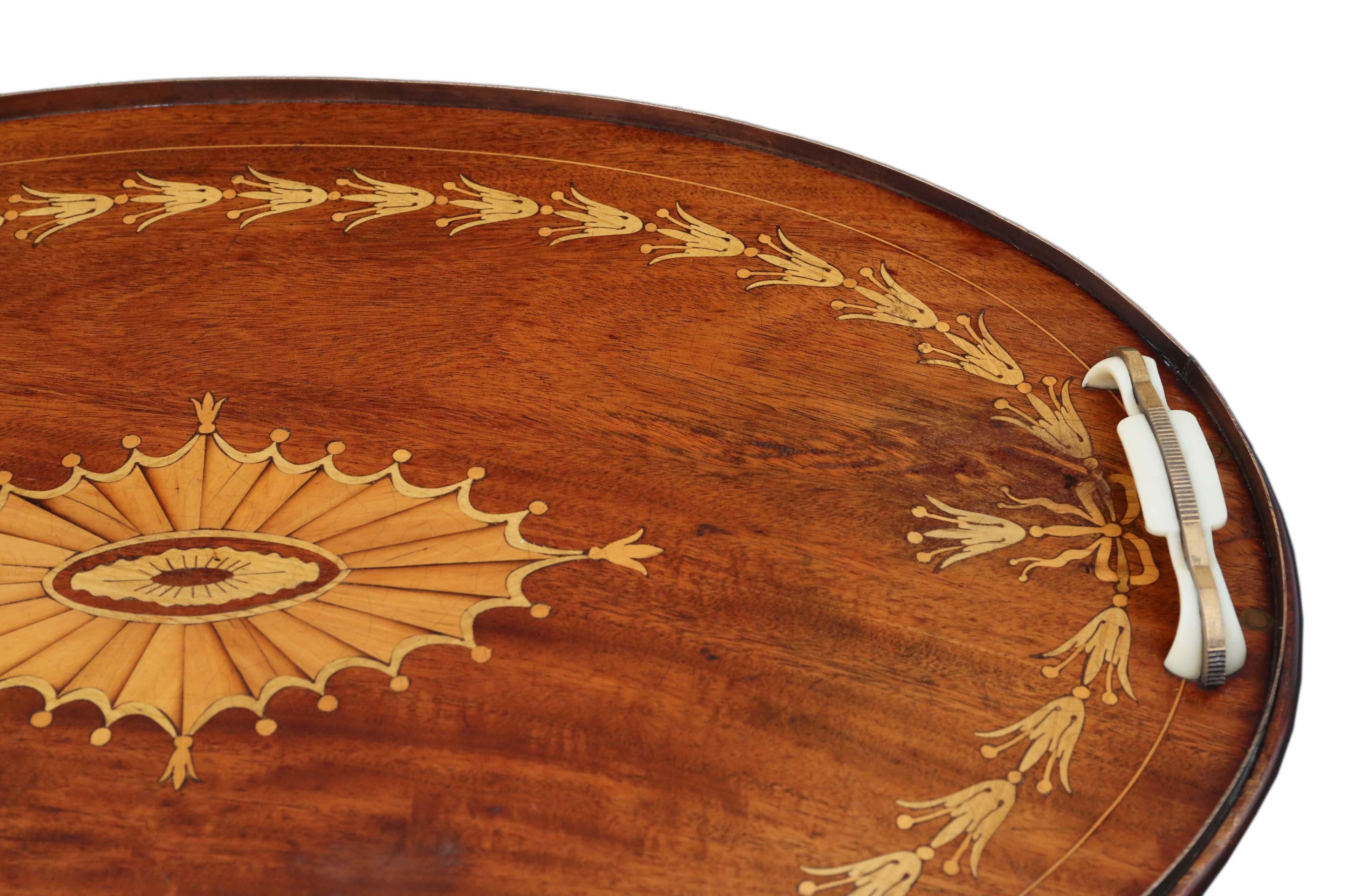 Antique Inlaid Mahogany Oval Serving Tea Tray, circa 1915 In Good Condition In Wisbech, Cambridgeshire