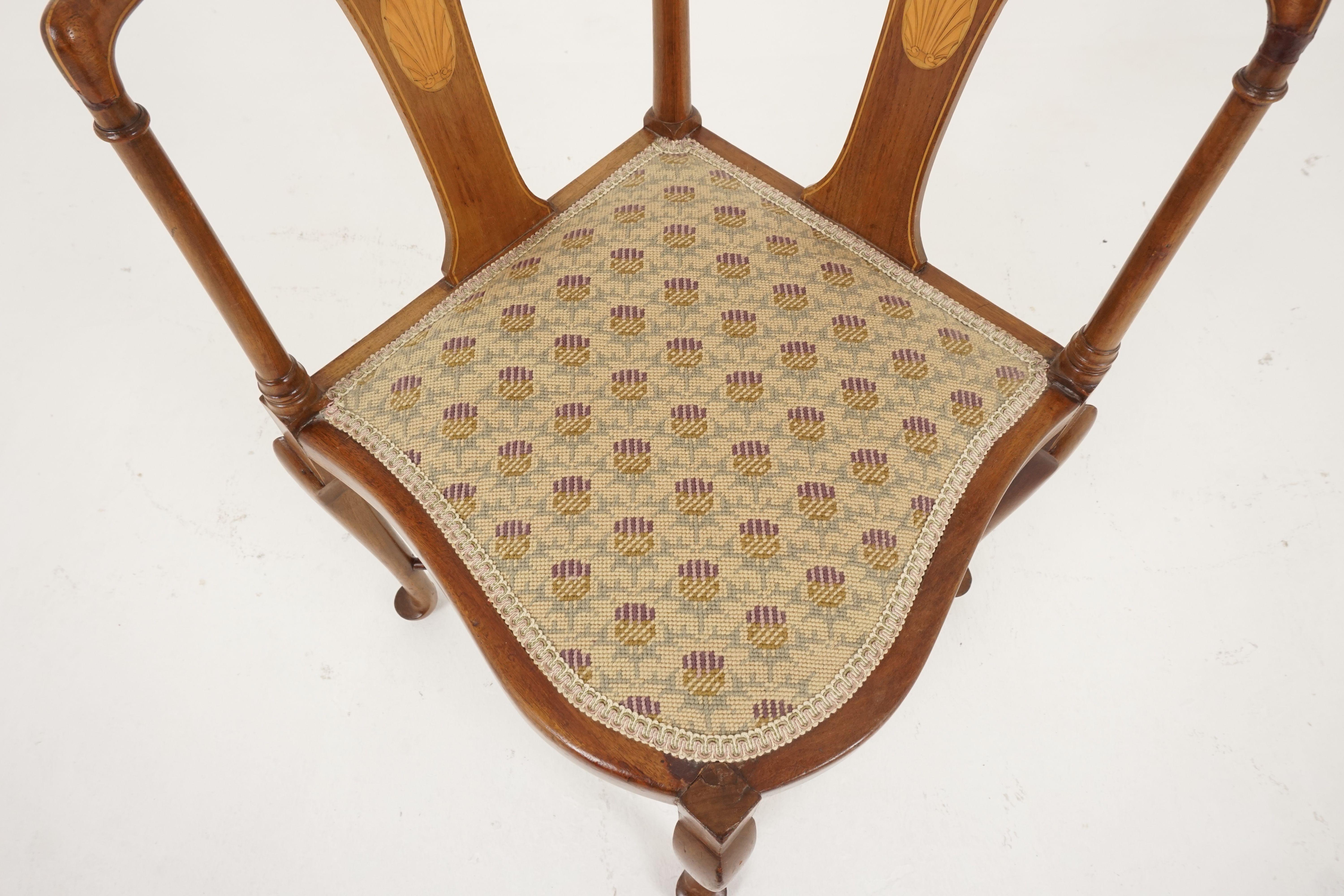 Antique Inlaid Walnut Upholstered Corner Chair, Scotland 1910, H152

Scotland 1910
Solid Walnut and Veneer
Original finish
Shaped and inlaid top rail
With inlaid decorative slats
A generous seat
All standing on four turned legs
United by X shaped