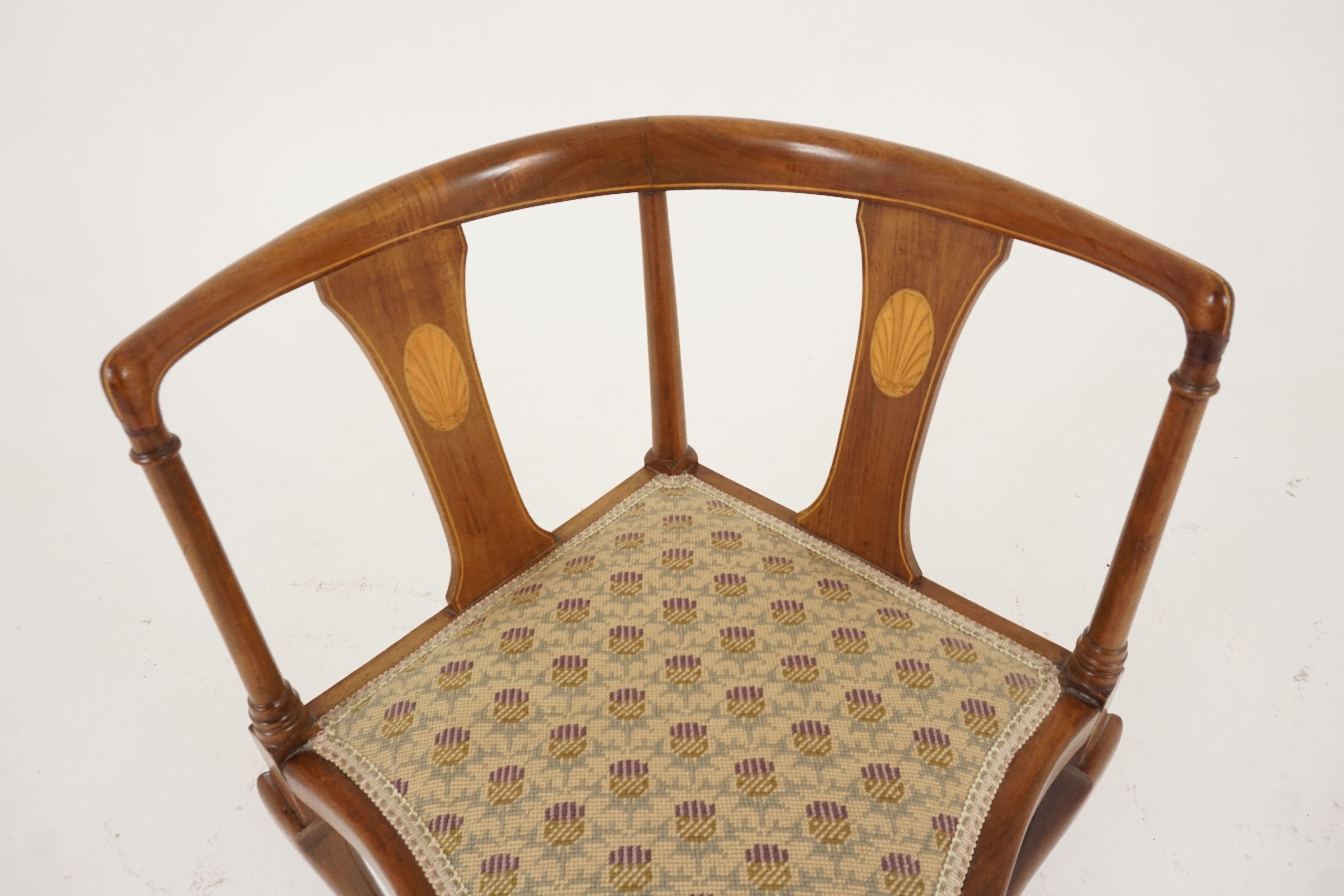 Scottish Antique Inlaid Walnut Upholstered Corner Chair, Scotland 1910, H152