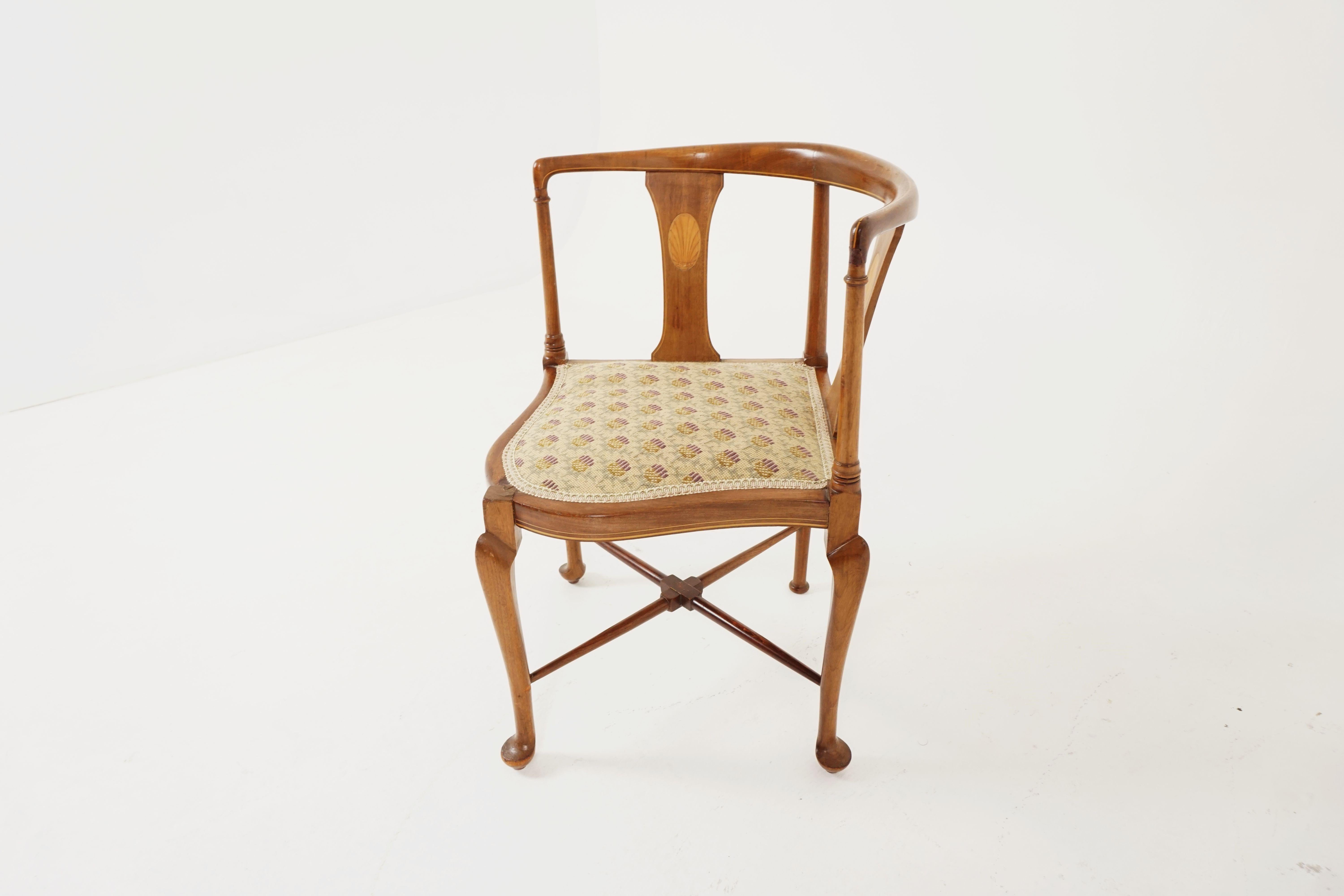 Hand-Crafted Antique Inlaid Walnut Upholstered Corner Chair, Scotland 1910, H152