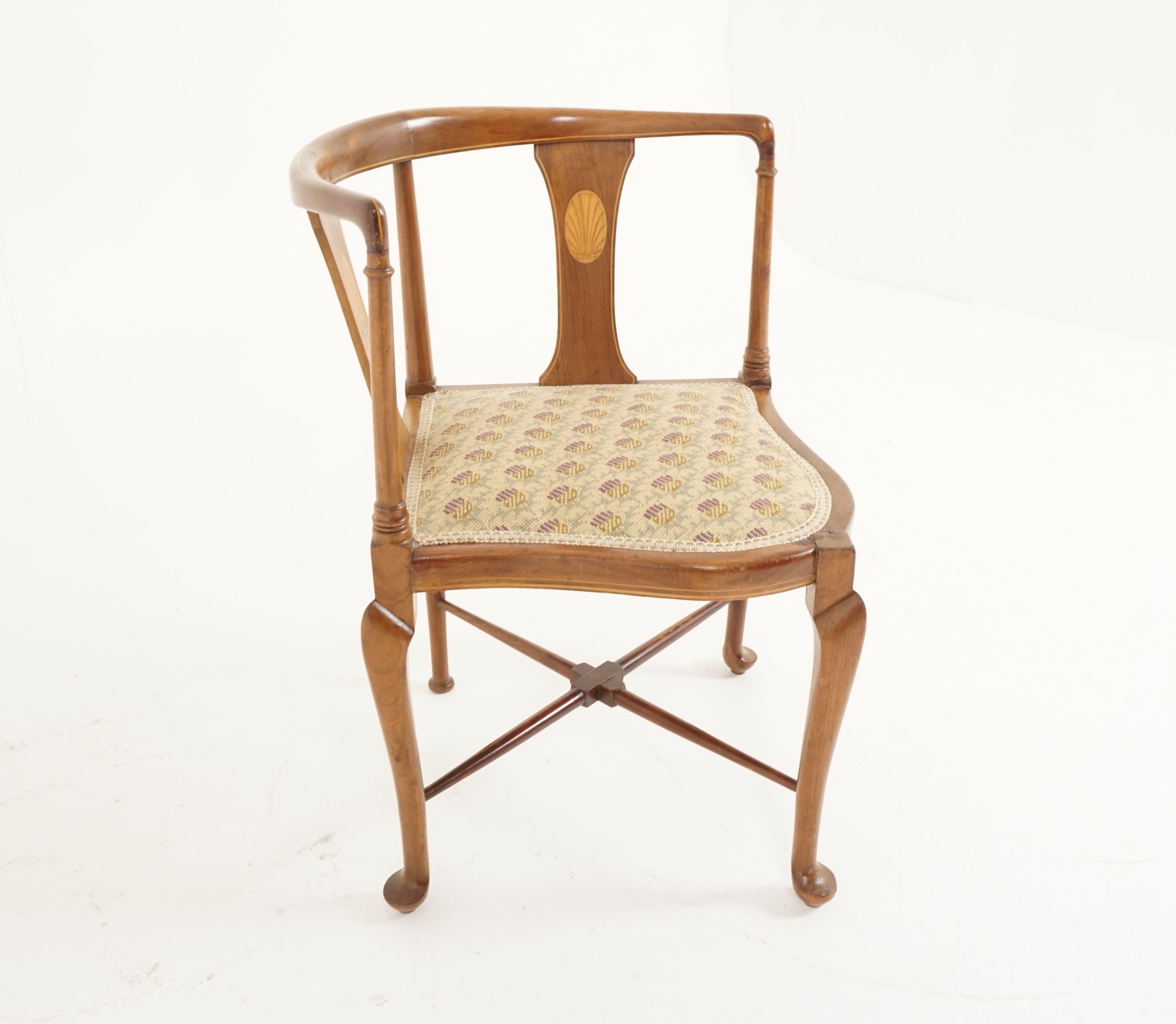 Antique Inlaid Walnut Upholstered Corner Chair, Scotland 1910, H152 In Good Condition In Vancouver, BC