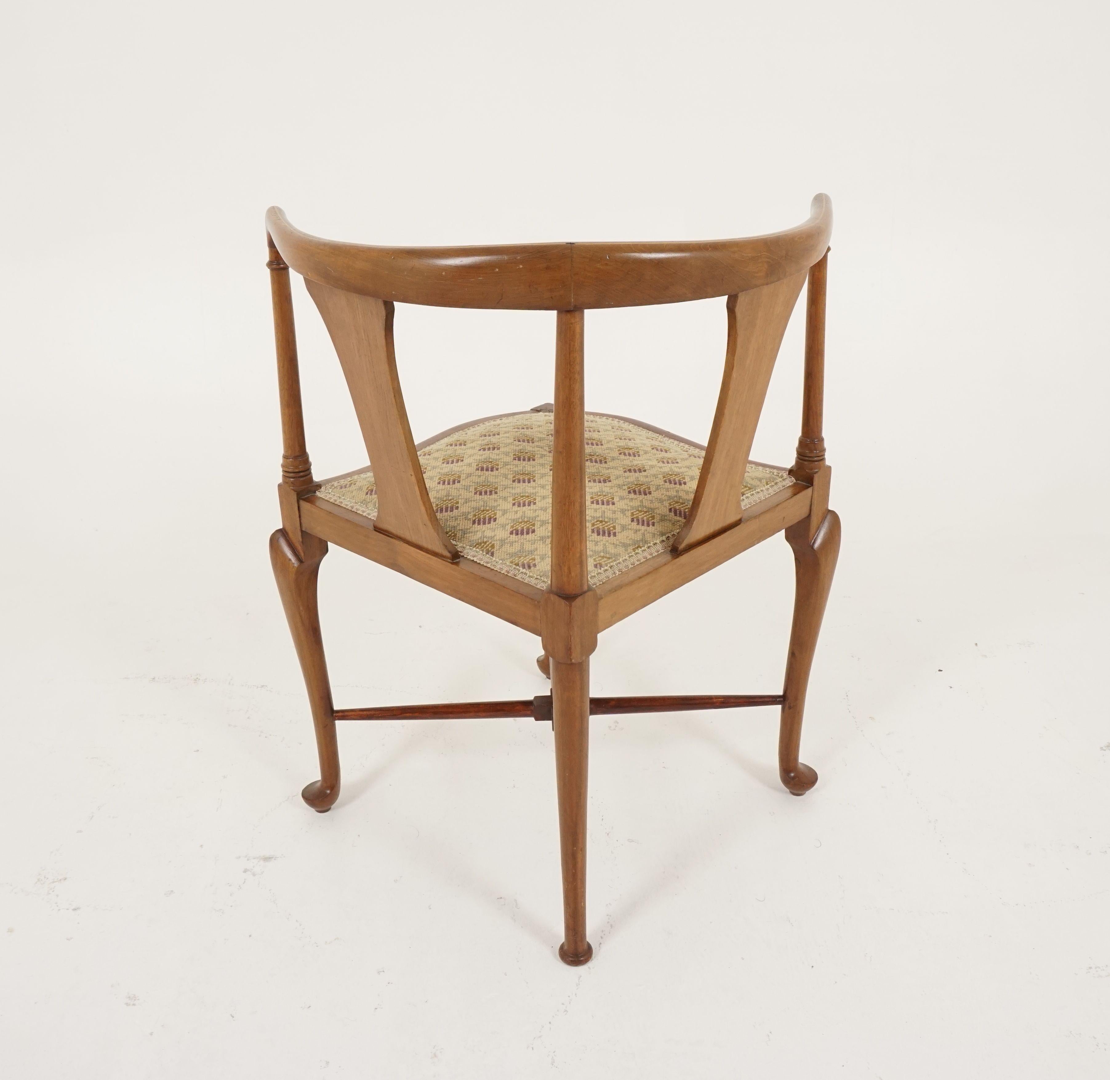 Early 20th Century Antique Inlaid Walnut Upholstered Corner Chair, Scotland 1910, H152