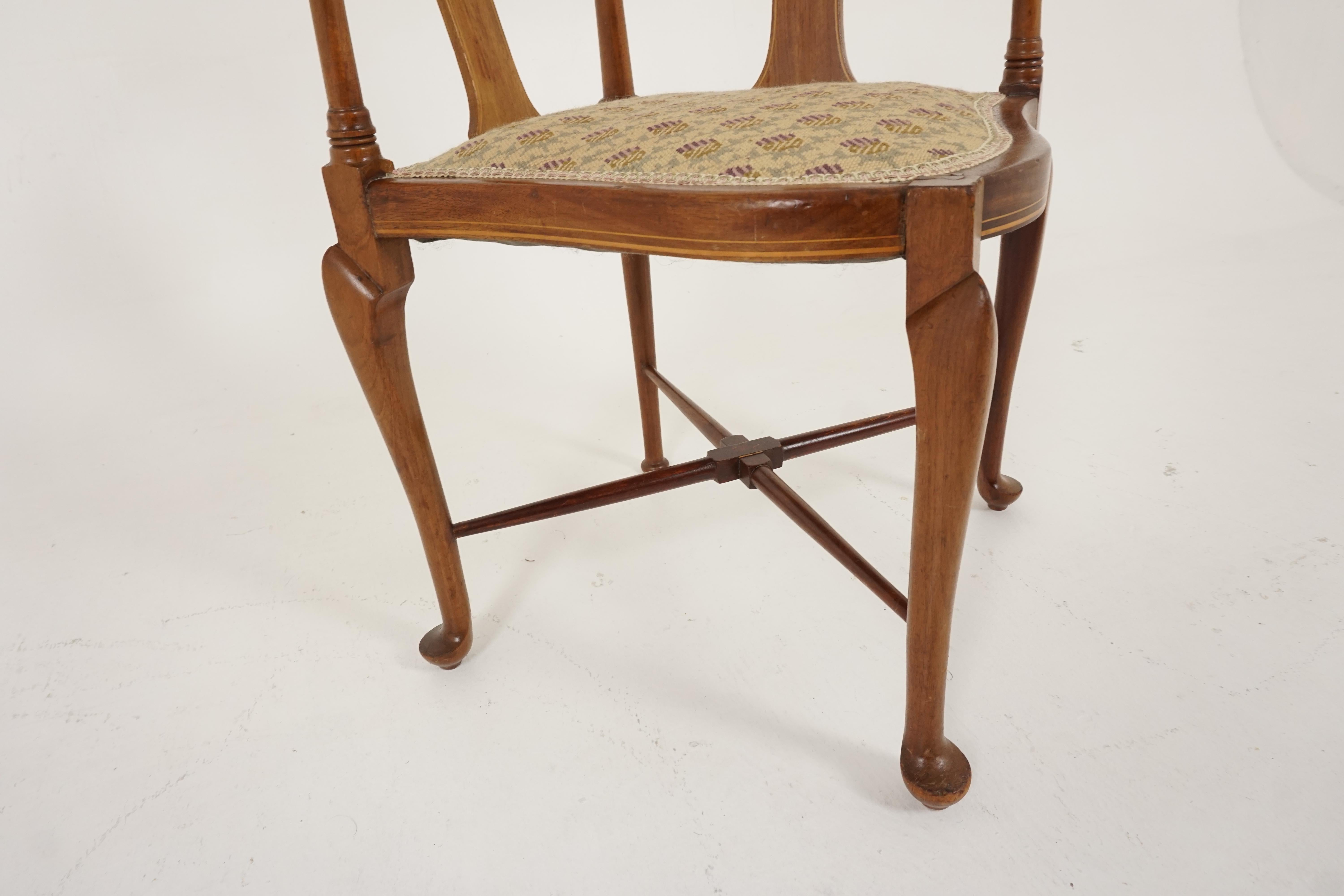 Antique Inlaid Walnut Upholstered Corner Chair, Scotland 1910, H152 1