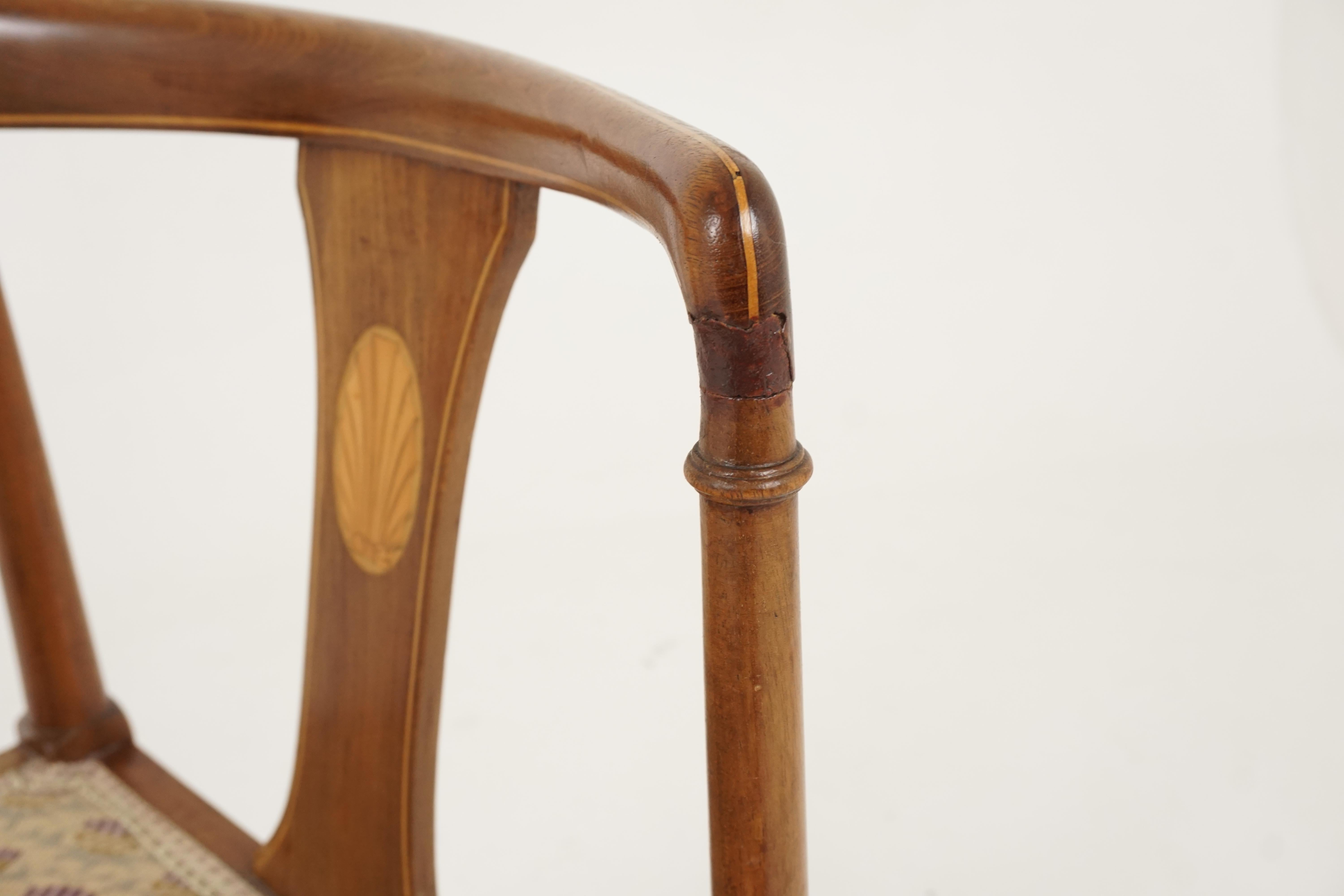 Antique Inlaid Walnut Upholstered Corner Chair, Scotland 1910, H152 2