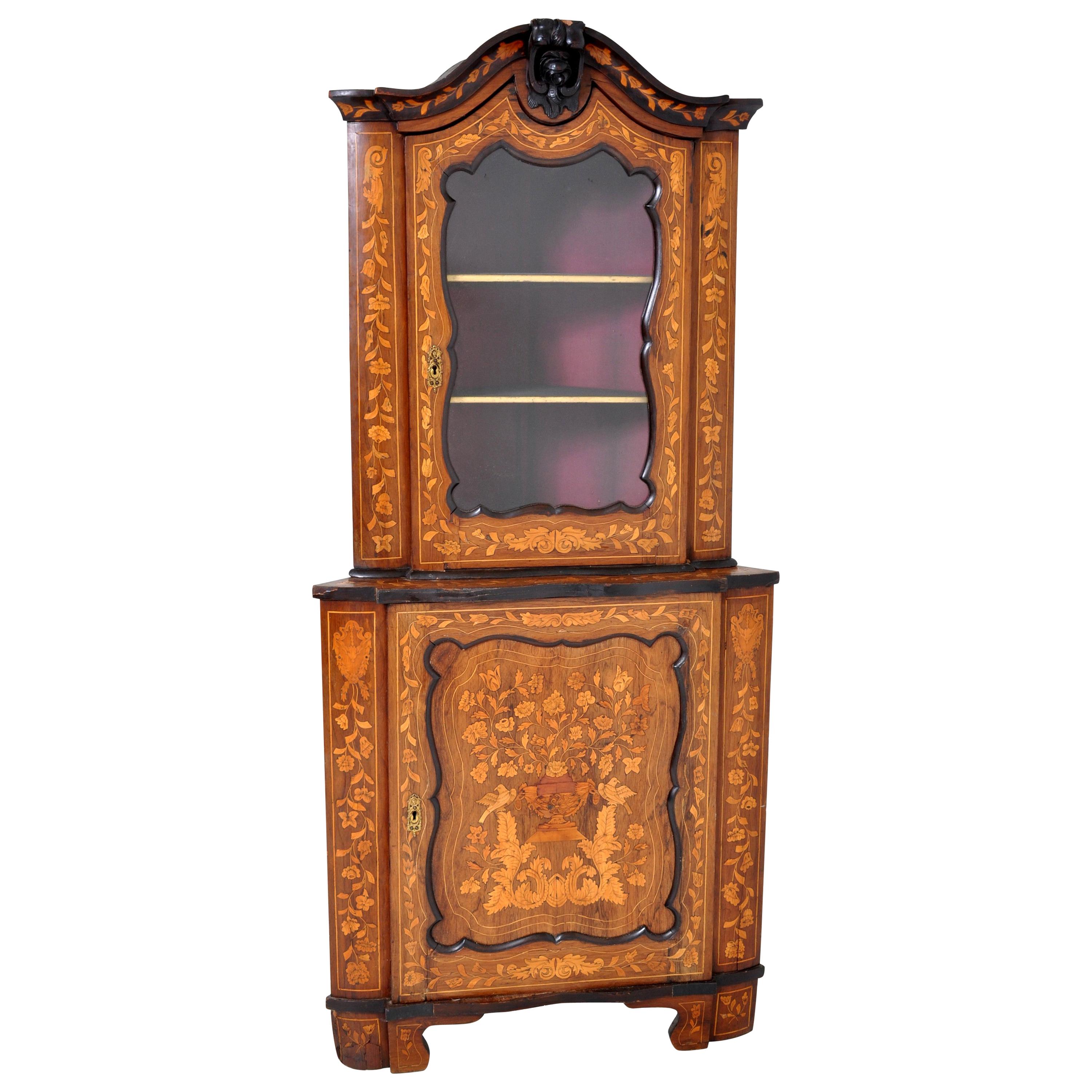 Antique Inlaid Marquetry Dutch Two-Piece Corner Cabinet, circa 1830