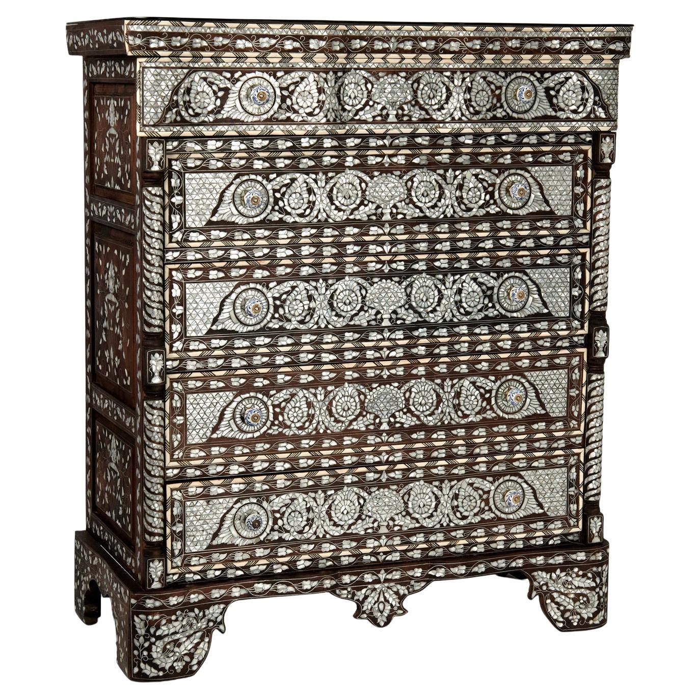 Antique Inlaid Moroccan Tall Chest For Sale