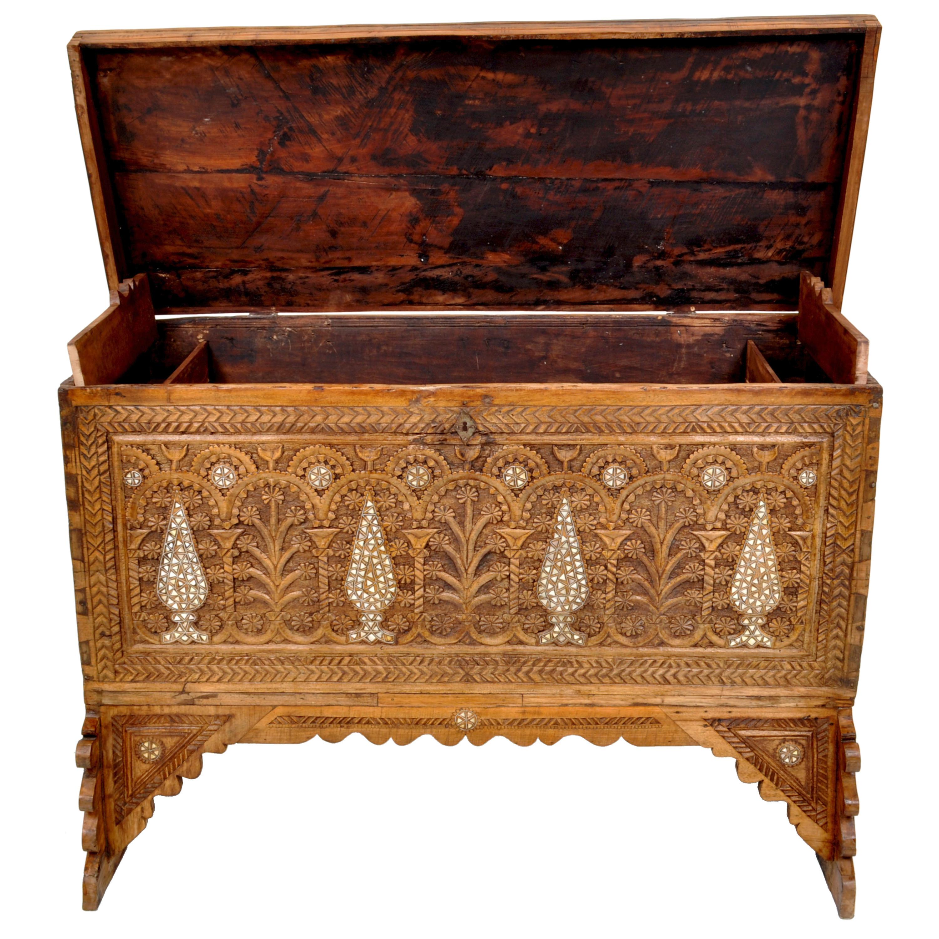19th Century Antique Inlaid Mother of Pearl Syrian Marriage Dowry Chest Coffer Trunk, 1880