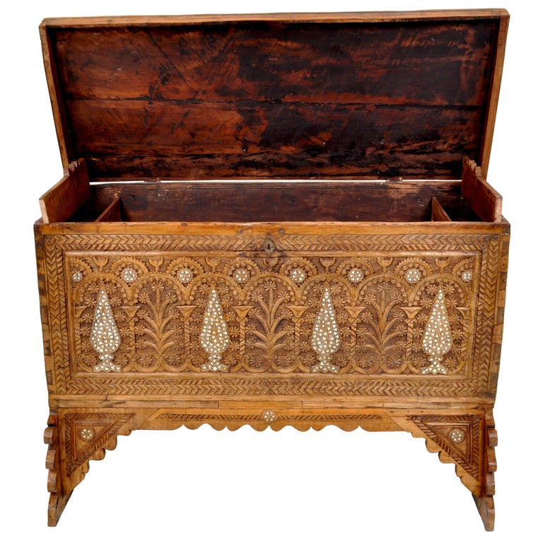 Antique Inlaid Mother of Pearl Syrian Marriage Dowry Chest Coffer Trunk, 1880 at 1stDibs