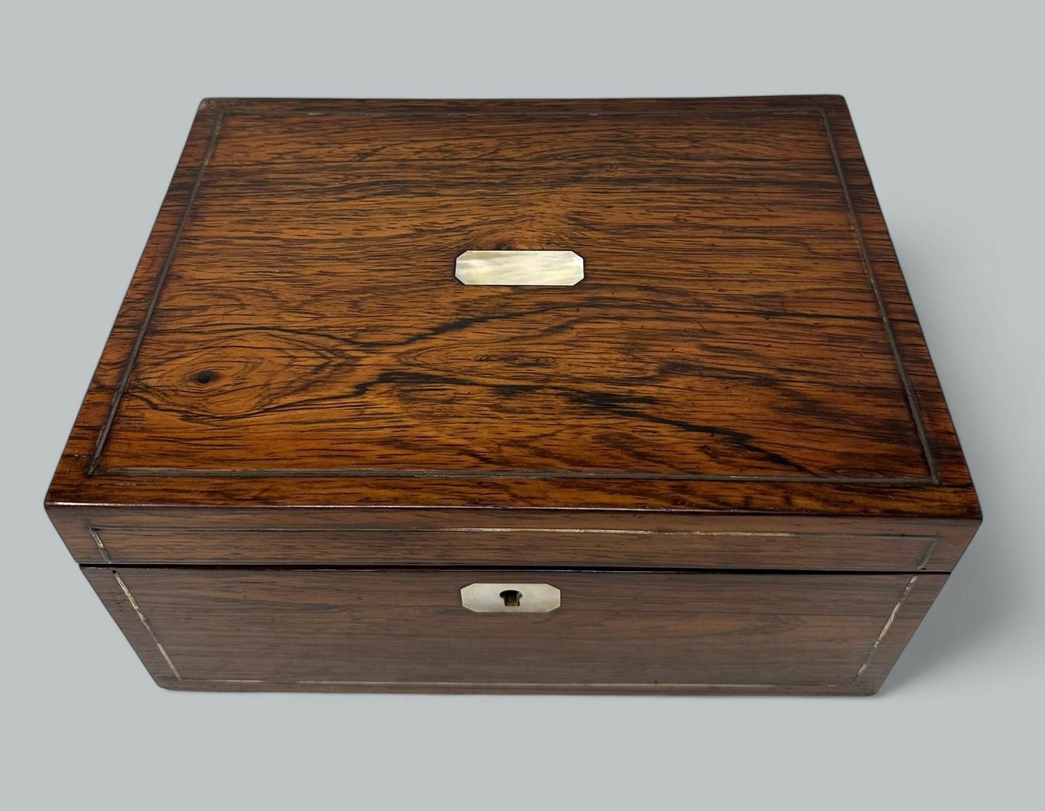 Victorian Antique Inlaid Rosewood English Jewelry Sewing Casket Silk Lined Interior 19th C