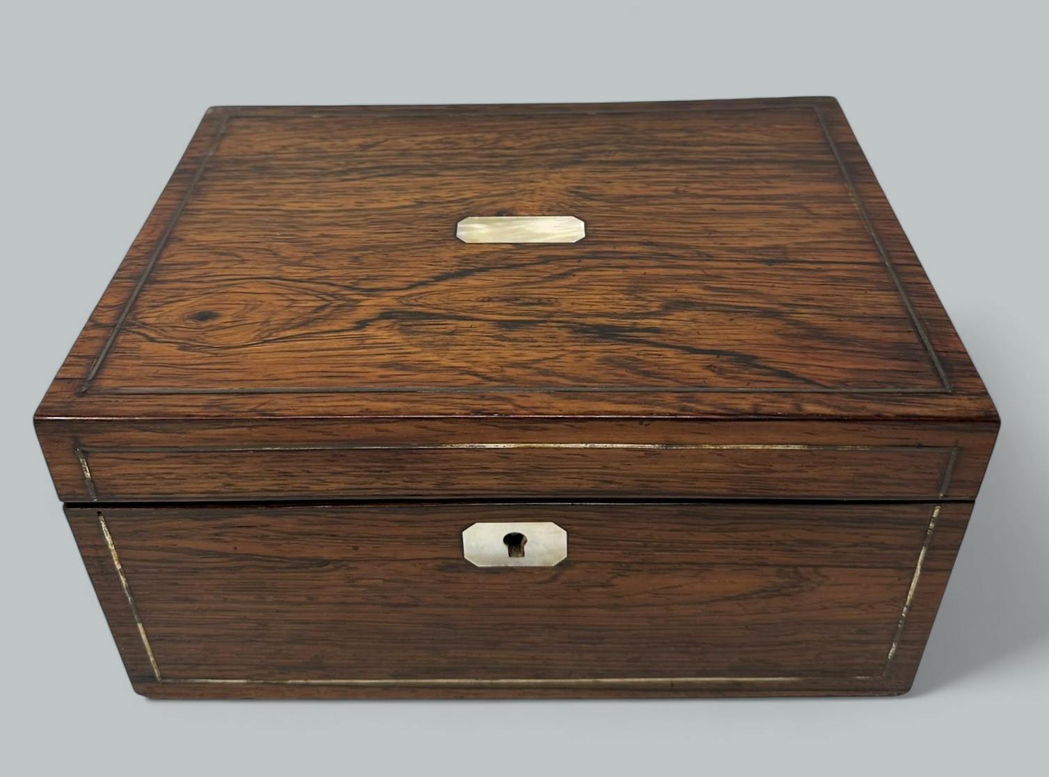 Polished Antique Inlaid Rosewood English Jewelry Sewing Casket Silk Lined Interior 19th C