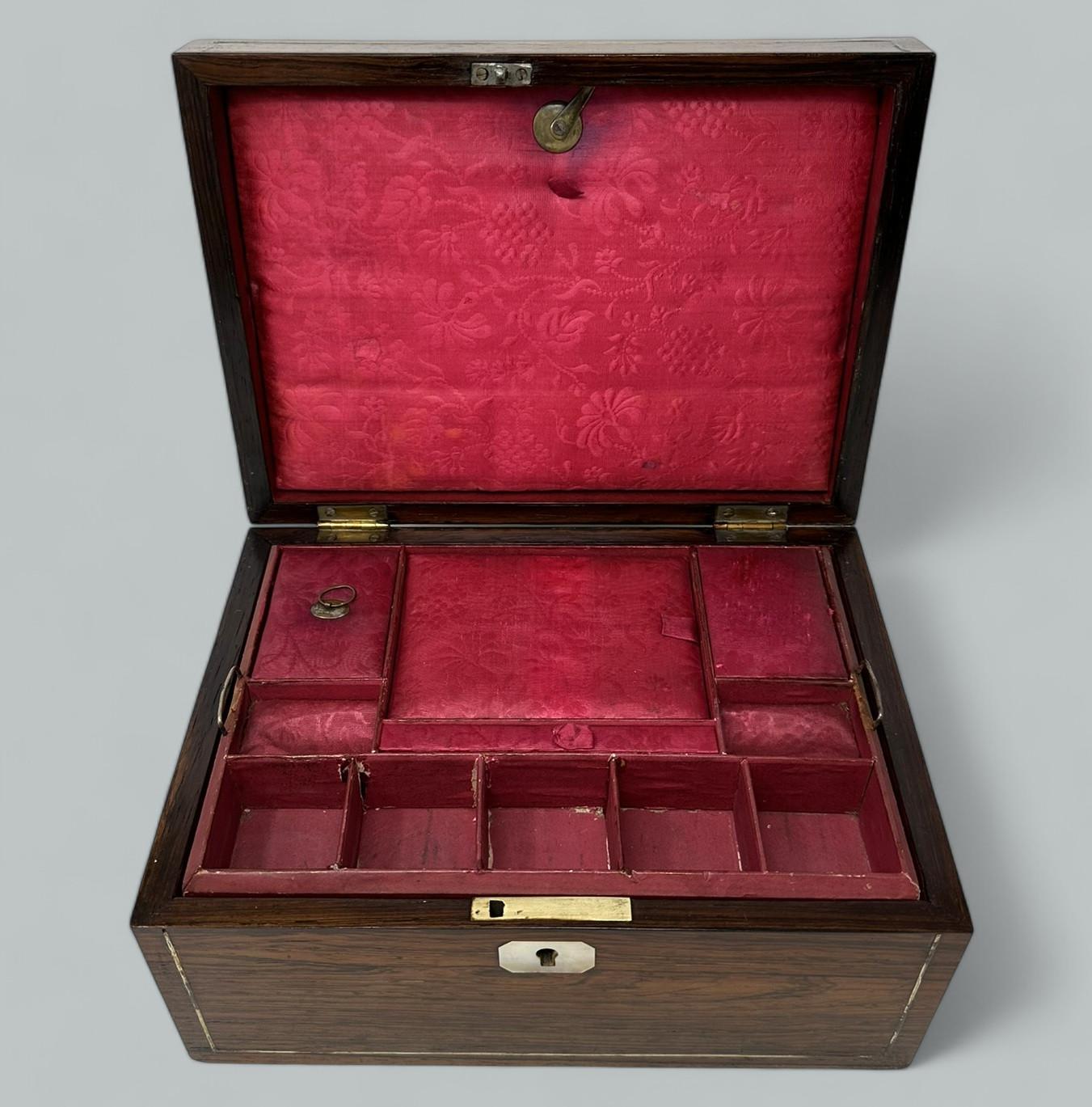 Antique Inlaid Rosewood English Jewelry Sewing Casket Silk Lined Interior 19th C In Good Condition In Dublin, Ireland