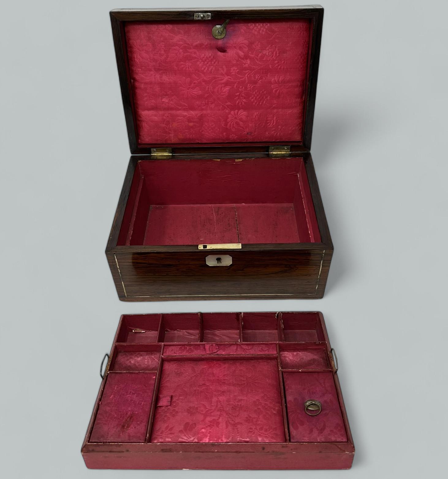 19th Century Antique Inlaid Rosewood English Jewelry Sewing Casket Silk Lined Interior 19th C