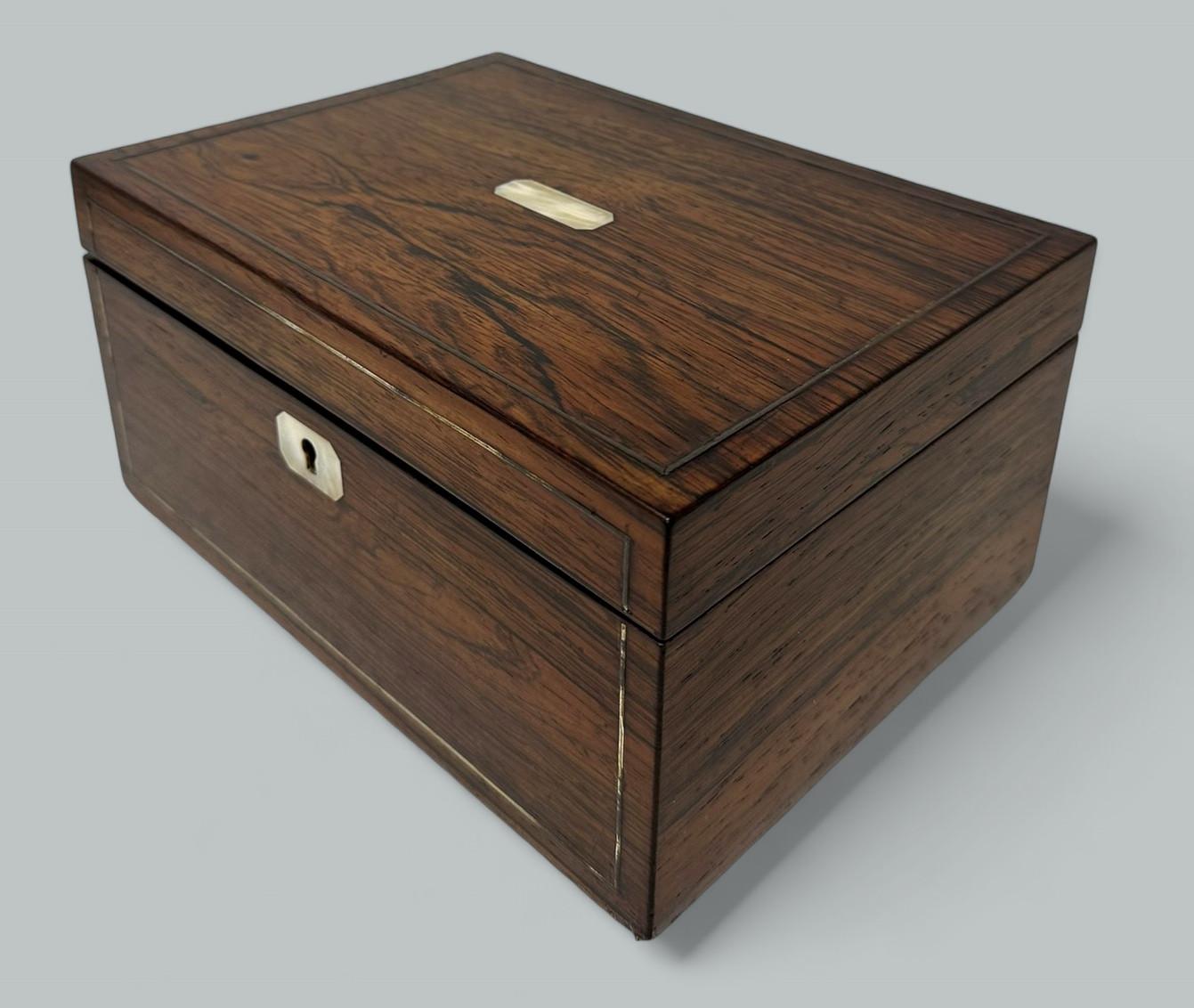 Brass Antique Inlaid Rosewood English Jewelry Sewing Casket Silk Lined Interior 19th C