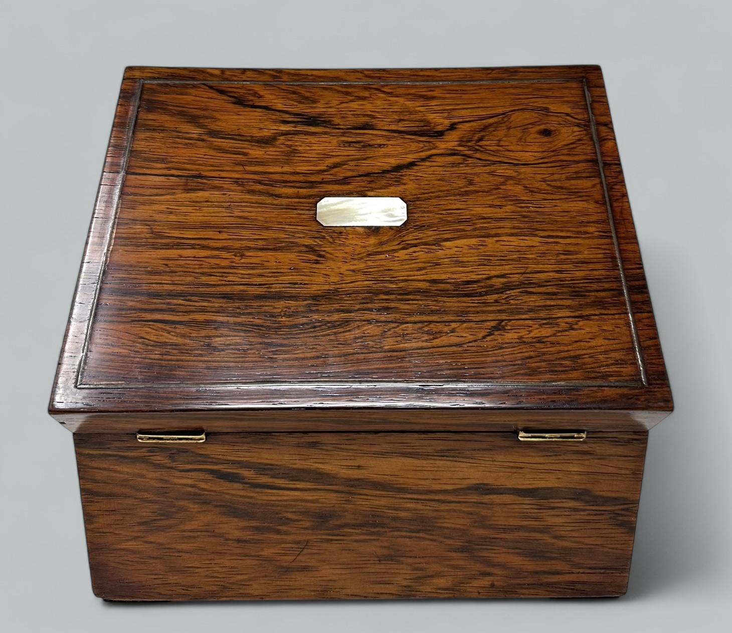 Antique Inlaid Rosewood English Jewelry Sewing Casket Silk Lined Interior 19th C 1