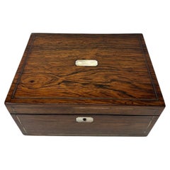 Antique Inlaid Rosewood English Jewelry Sewing Casket Silk Lined Interior 19th C