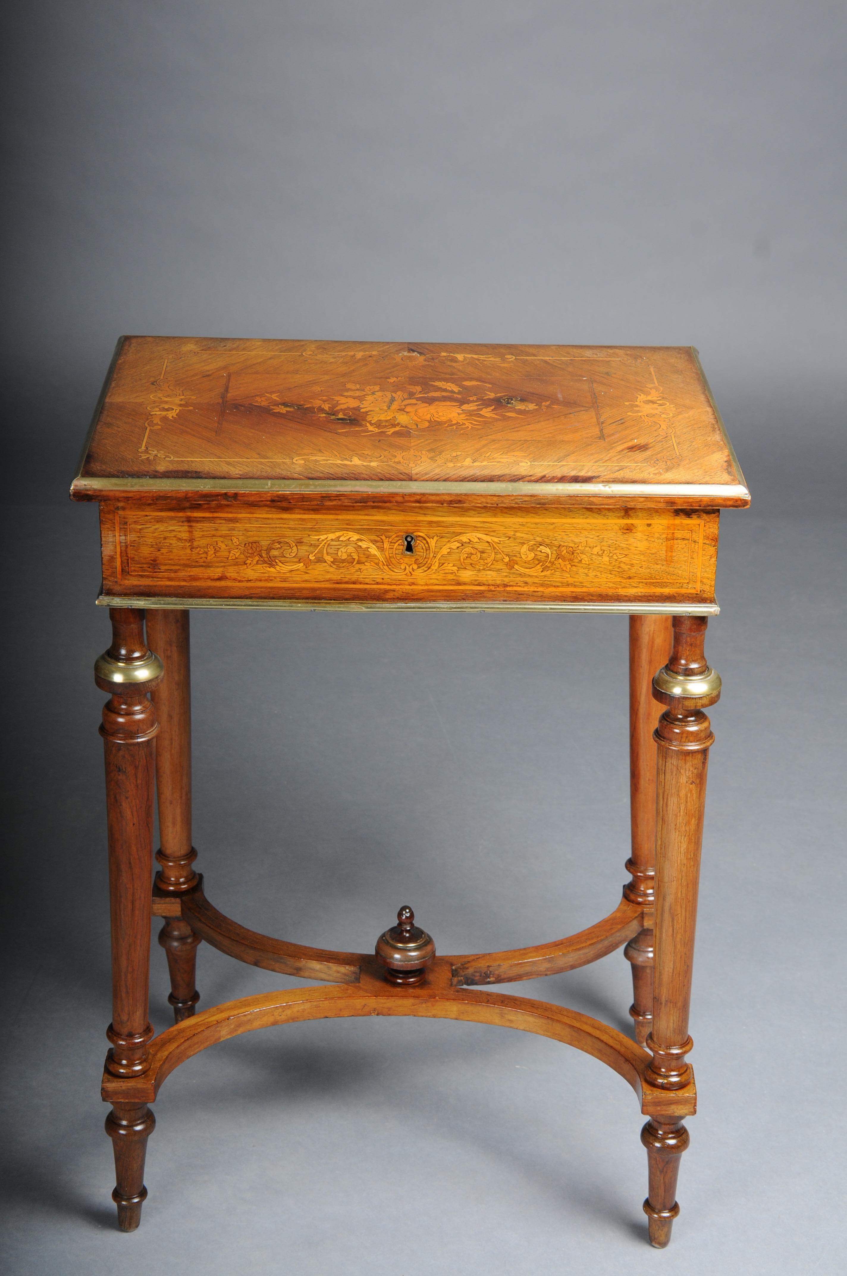 French Antique inlaid side table/sewing table Napoleon III, brass For Sale