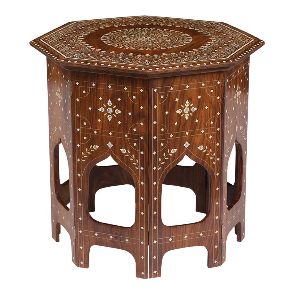 This Antique Syrian Side Table has been completely restored, is made out of walnut wood, and has an octagonal top/ base design. This table also features a remarkable inlay bone pattern through the top & base, removable top, and a foldable base for