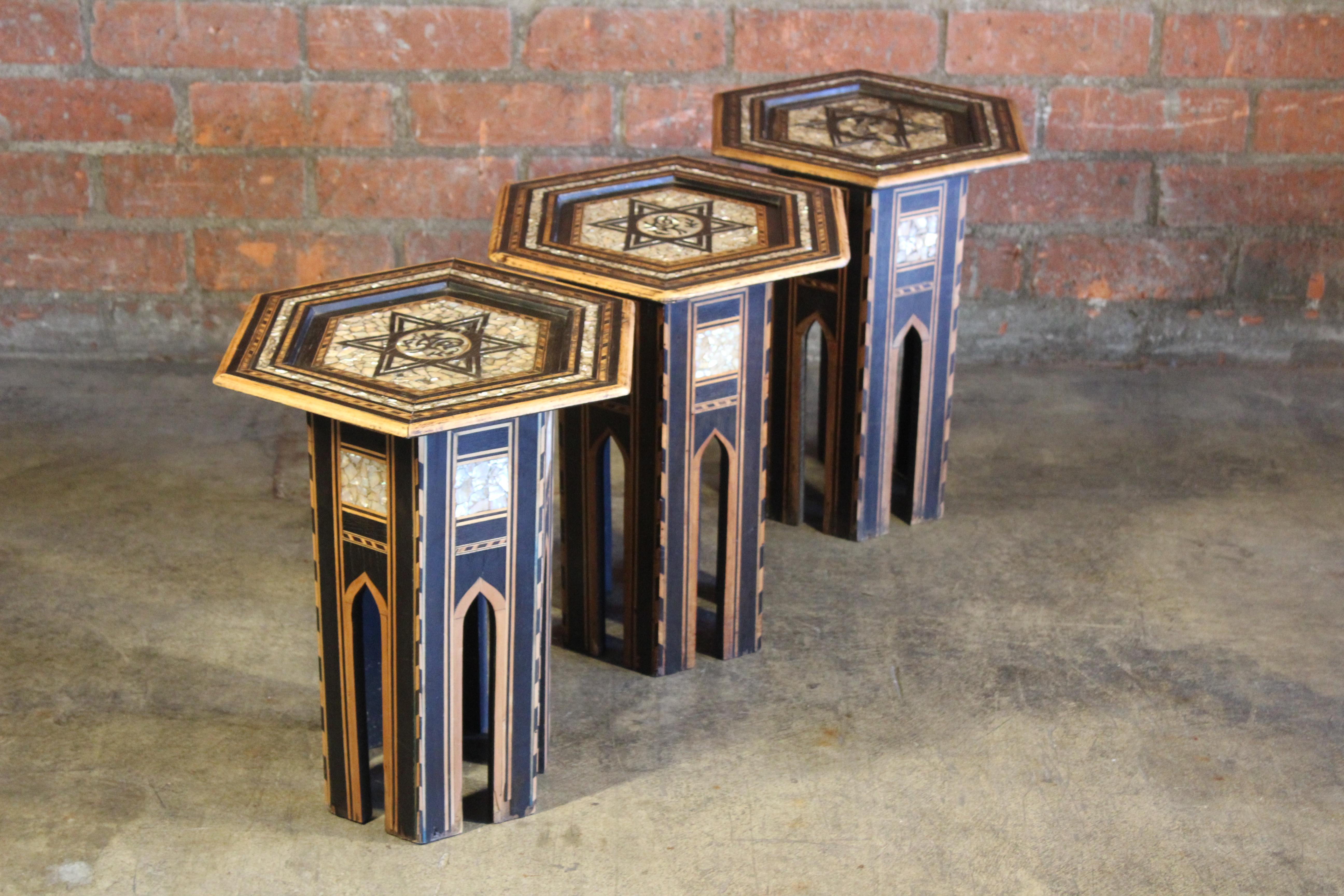 Antique inlaid wood and pearl Syrian side tables. Sold individually. In good condition with age appropriate wear. One table has a little more loss on the top in comparison to the other two.