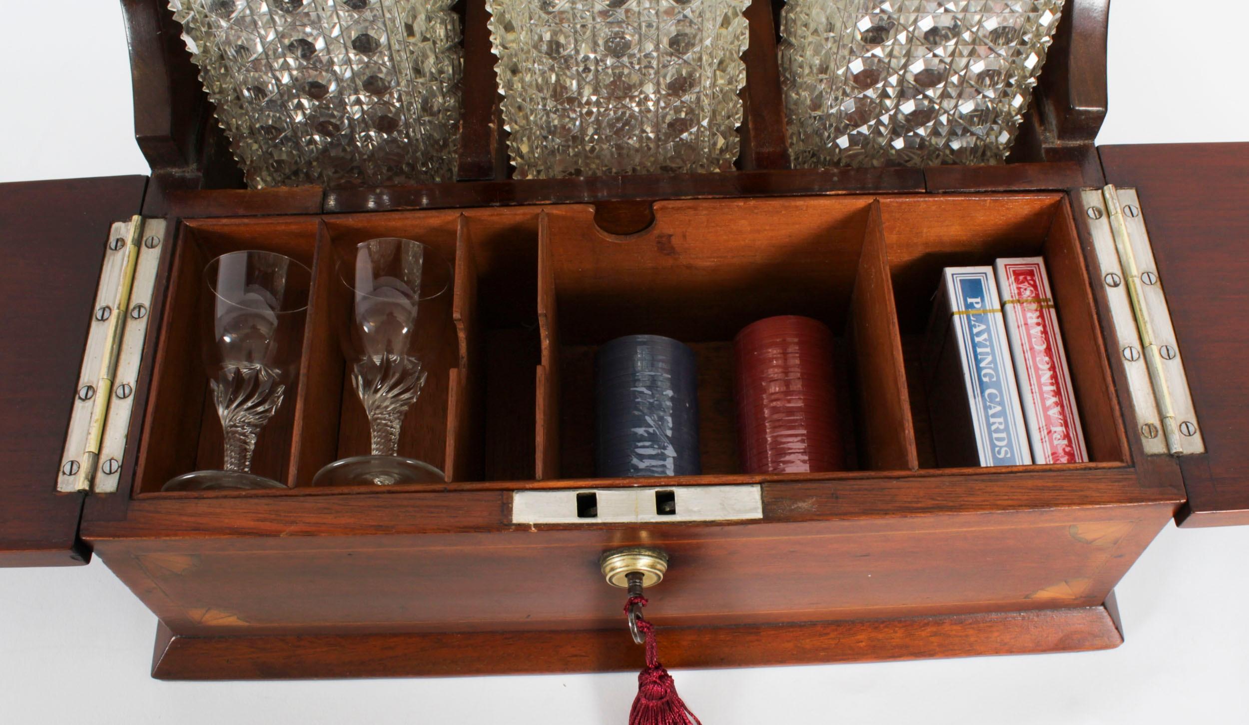 Antique Inlaid Three Cut Crystal Decanter Tantalus & Games 19th Century 3