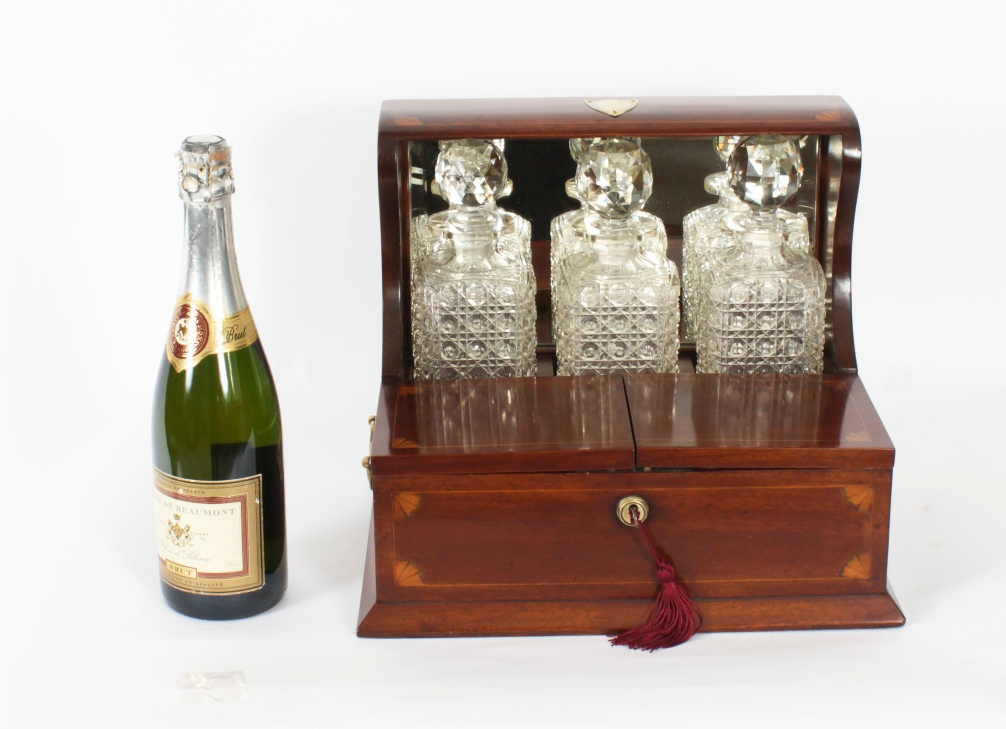 Antique Inlaid Three Cut Crystal Decanter Tantalus & Games 19th Century 11