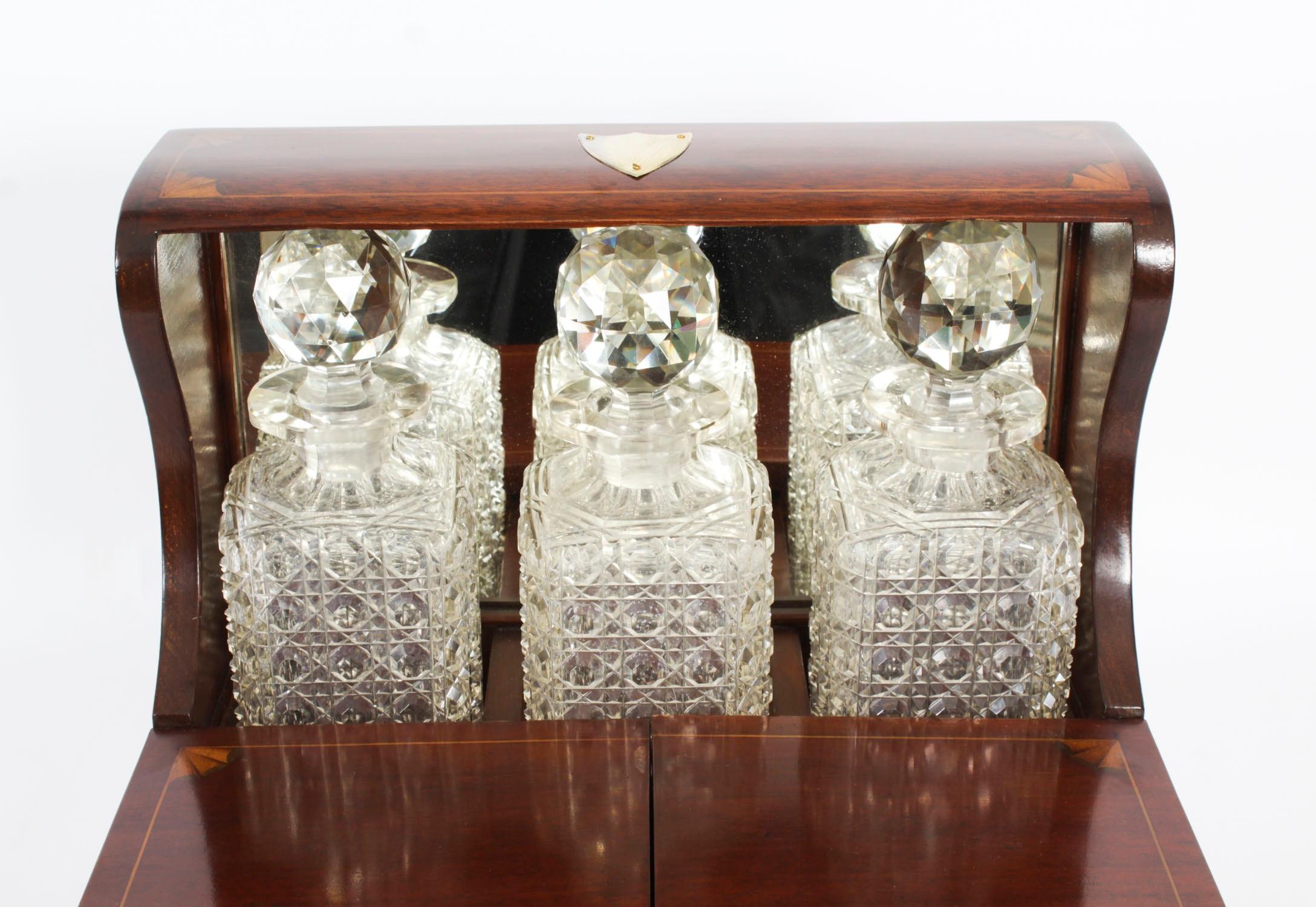 Victorian Antique Inlaid Three Cut Crystal Decanter Tantalus & Games 19th Century