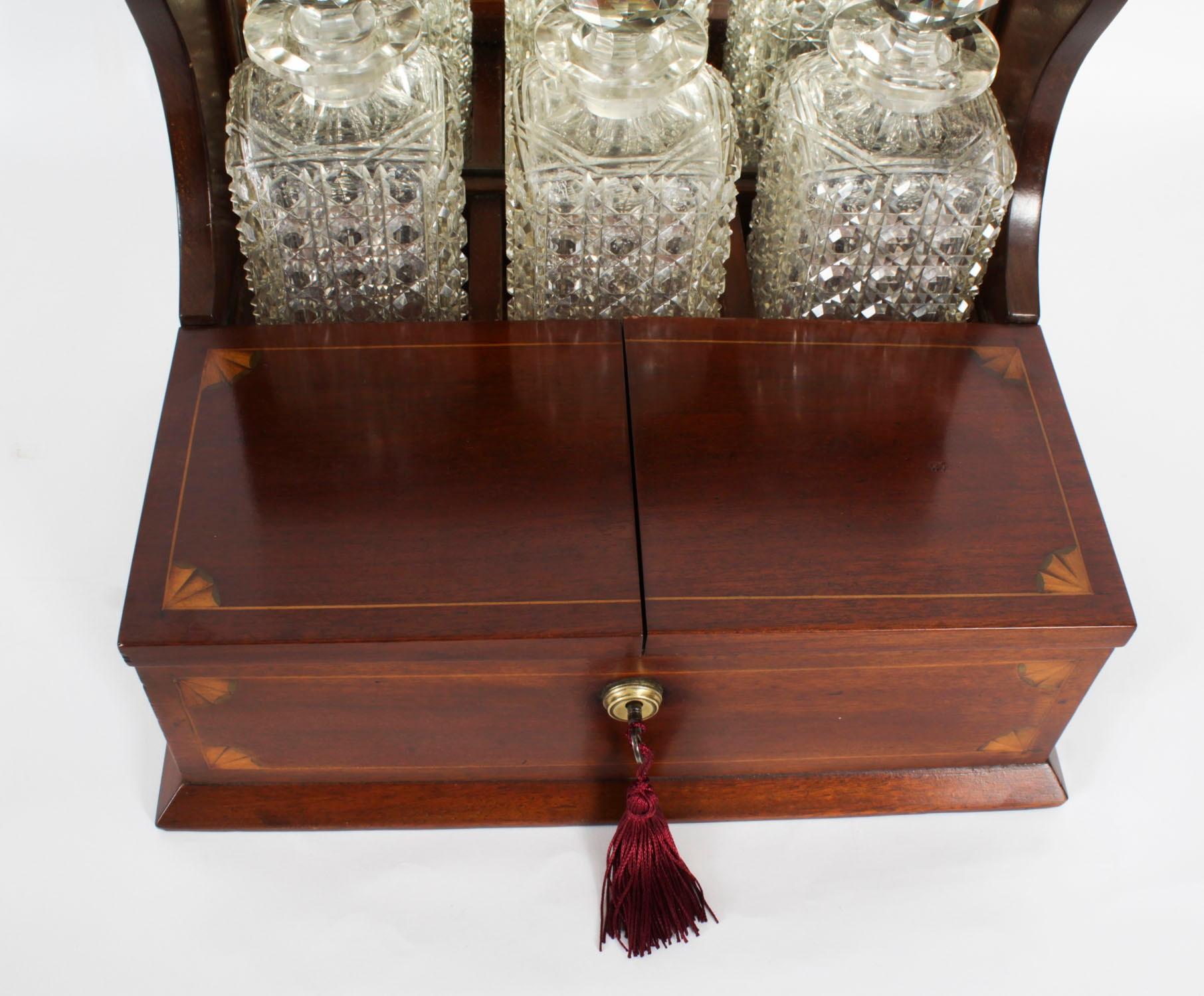 English Antique Inlaid Three Cut Crystal Decanter Tantalus & Games 19th Century