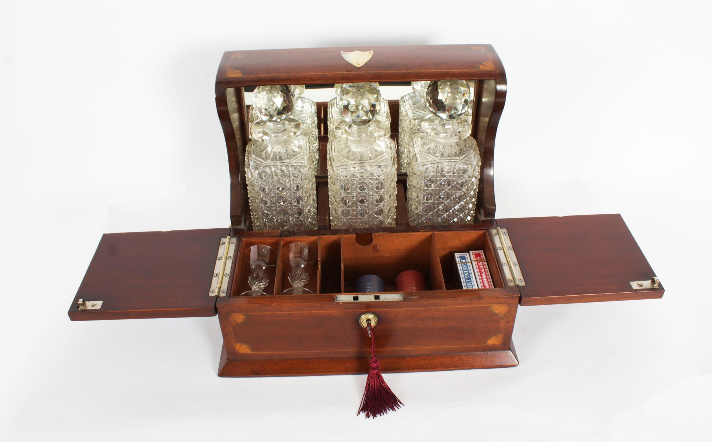 Antique Inlaid Three Cut Crystal Decanter Tantalus & Games 19th Century 2