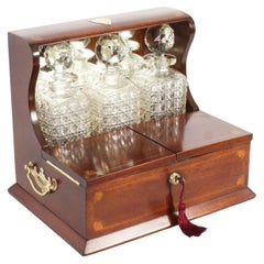 Antique Inlaid Three Cut Crystal Decanter Tantalus & Games 19th Century