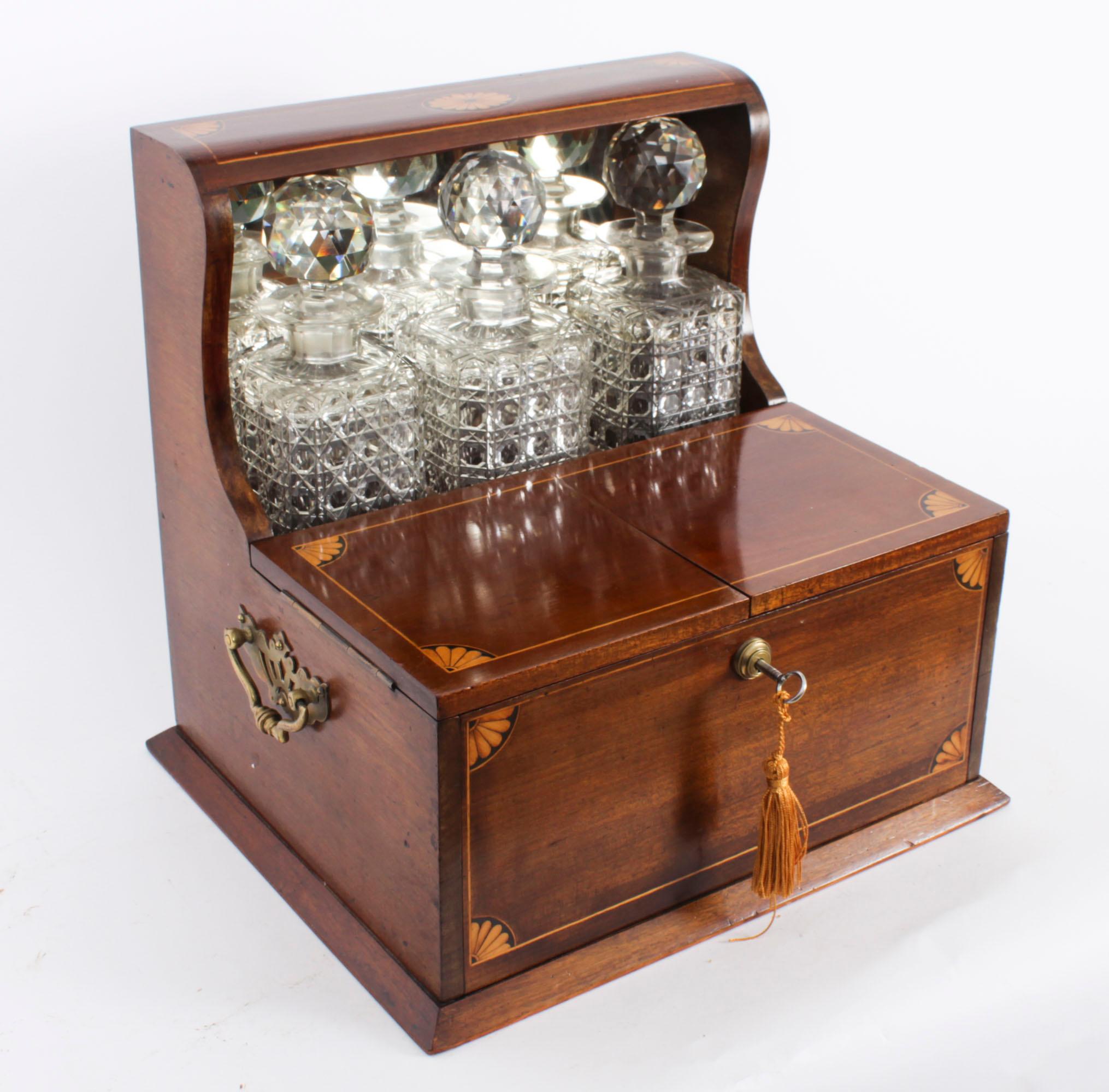 Antique Inlaid Three Cut Crystal Decanter Tantalus & Games 19th Century 13
