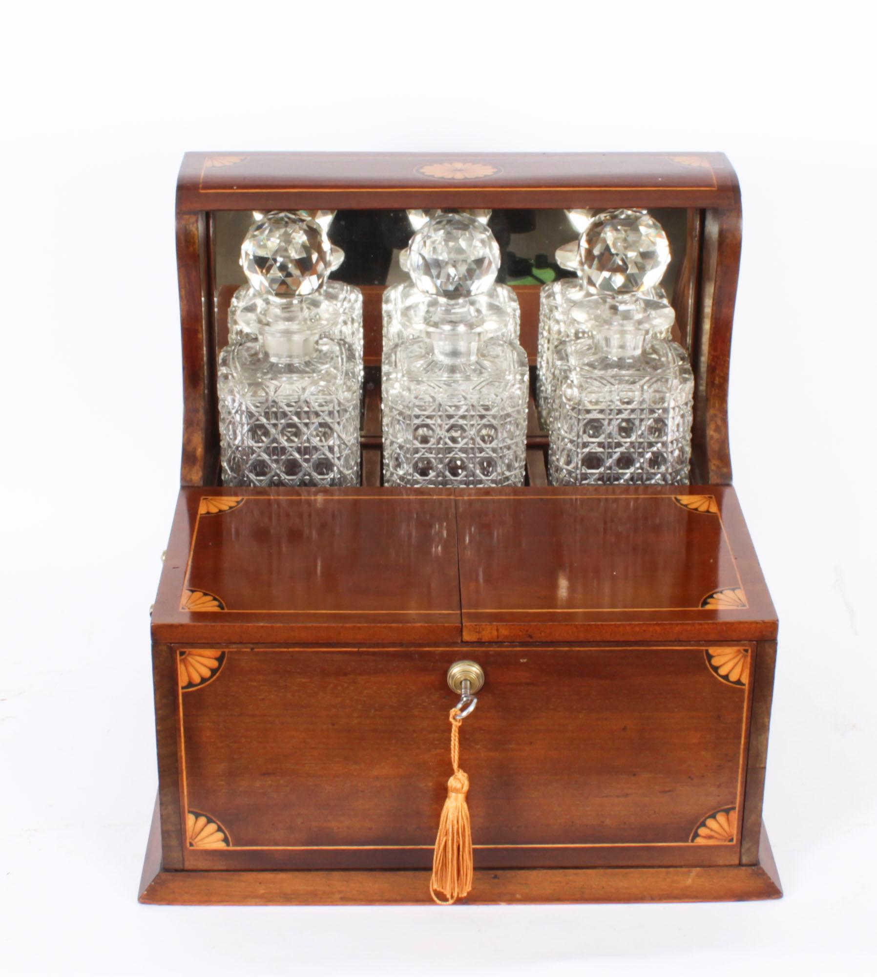 English Antique Inlaid Three Cut Crystal Decanter Tantalus & Games 19th Century