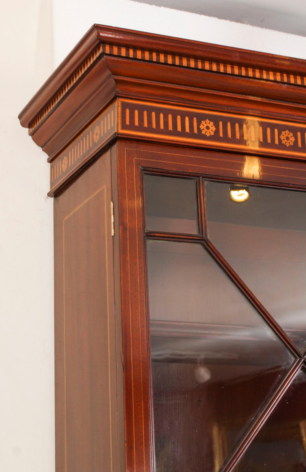 English Antique Inlaid Three Door Breakfront Library Bookcase 19th Century