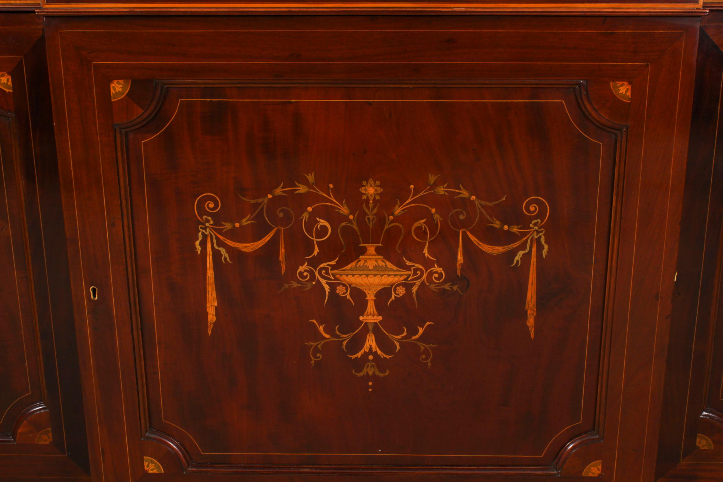 Mahogany Antique Inlaid Three Door Breakfront Library Bookcase 19th Century