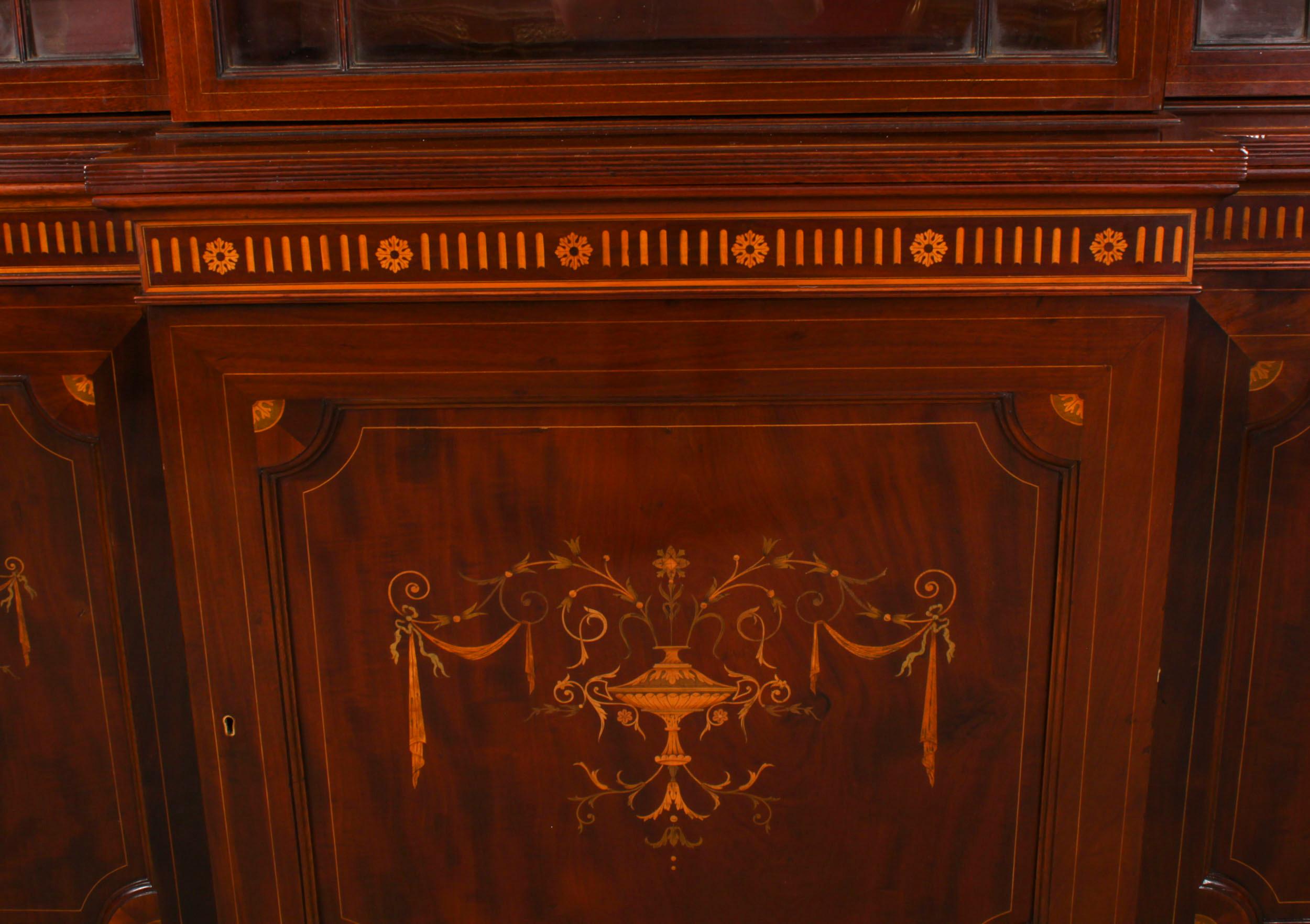 Antique Inlaid Three Door Breakfront Library Bookcase 19th Century 1