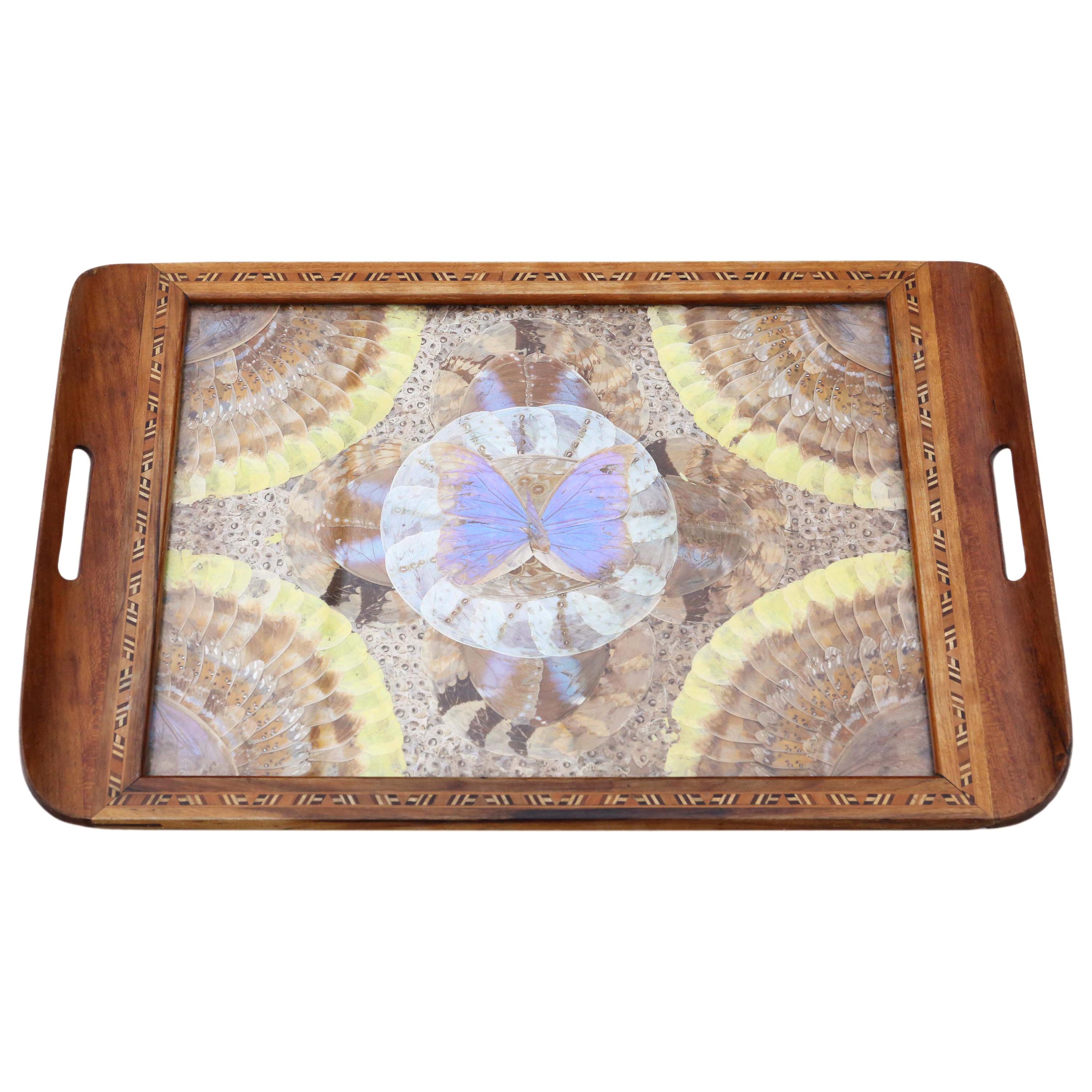 Antique Inlaid Tunbridge Ware Butterfly Serving Tray, circa 1920