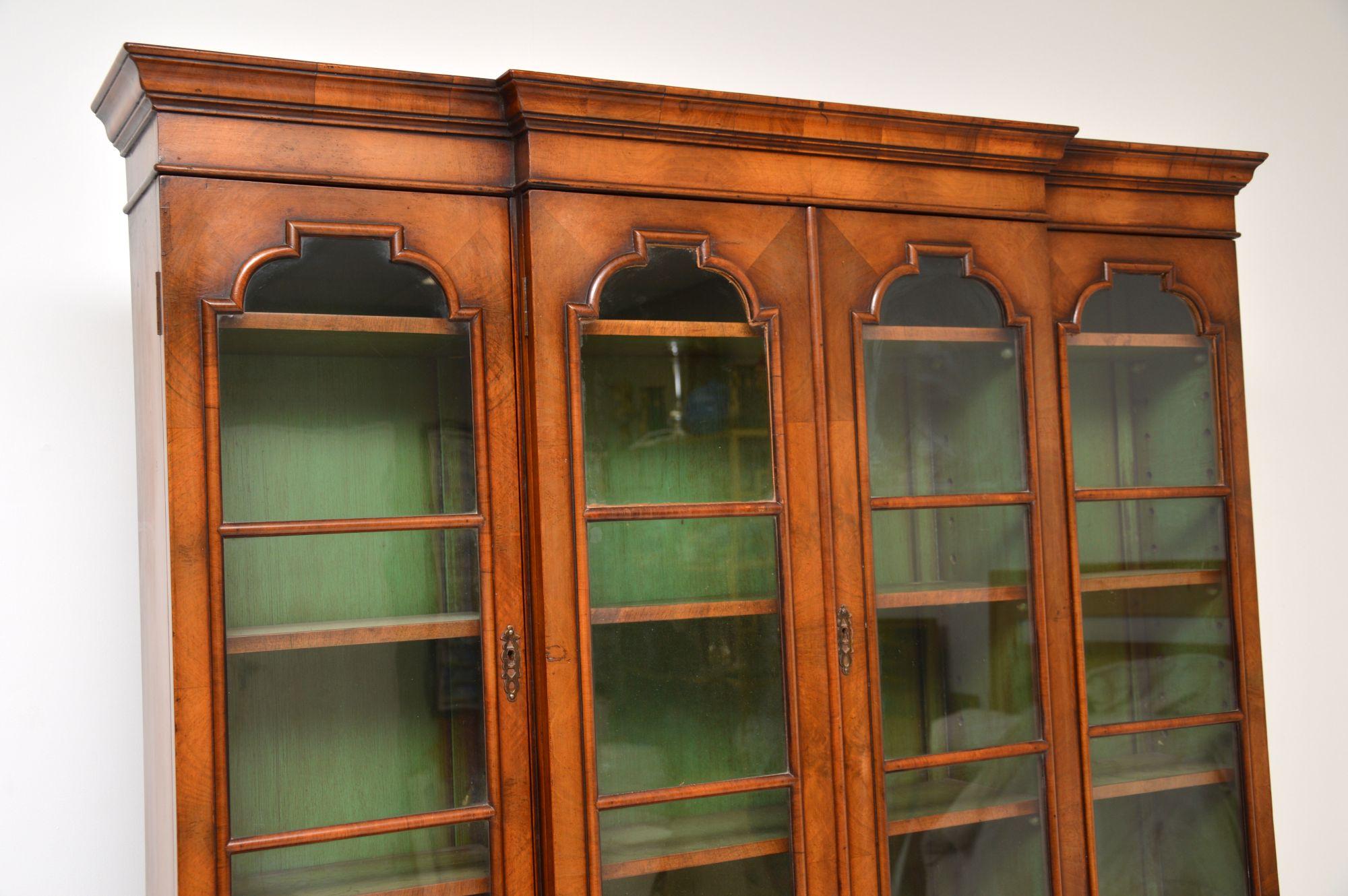 Glass Antique Inlaid Walnut Breakfront Bookcase