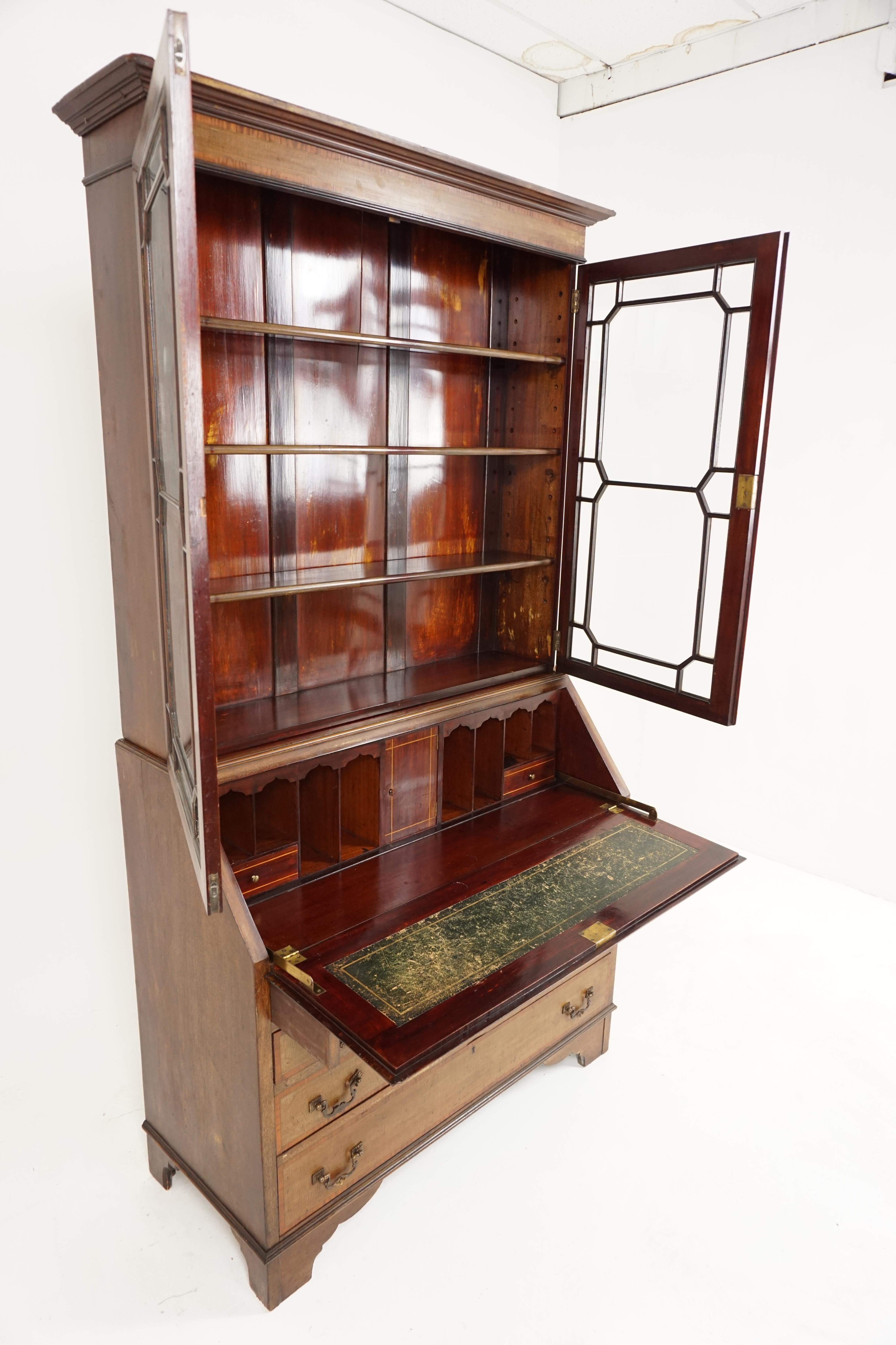 Inlaid Walnut Bureau Bookcase, Desk and Bookcase Top, Scotland 1910, H69 In Good Condition In Vancouver, BC