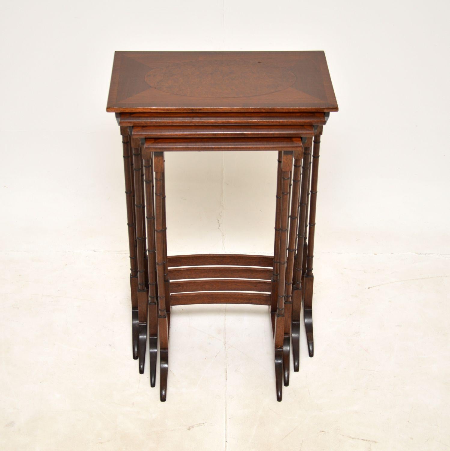 A smart and very well made nest of four tables in walnut. They were made in England, and date from around the 1930’s.

They are of superb quality, with beautifully turned legs, stretchered bases and beautifully veneered tops of burr walnut.

The