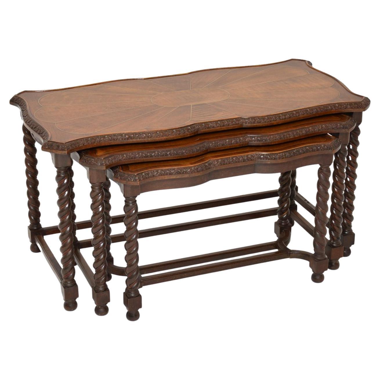 Antique Inlaid Walnut Nesting Coffee Table For Sale