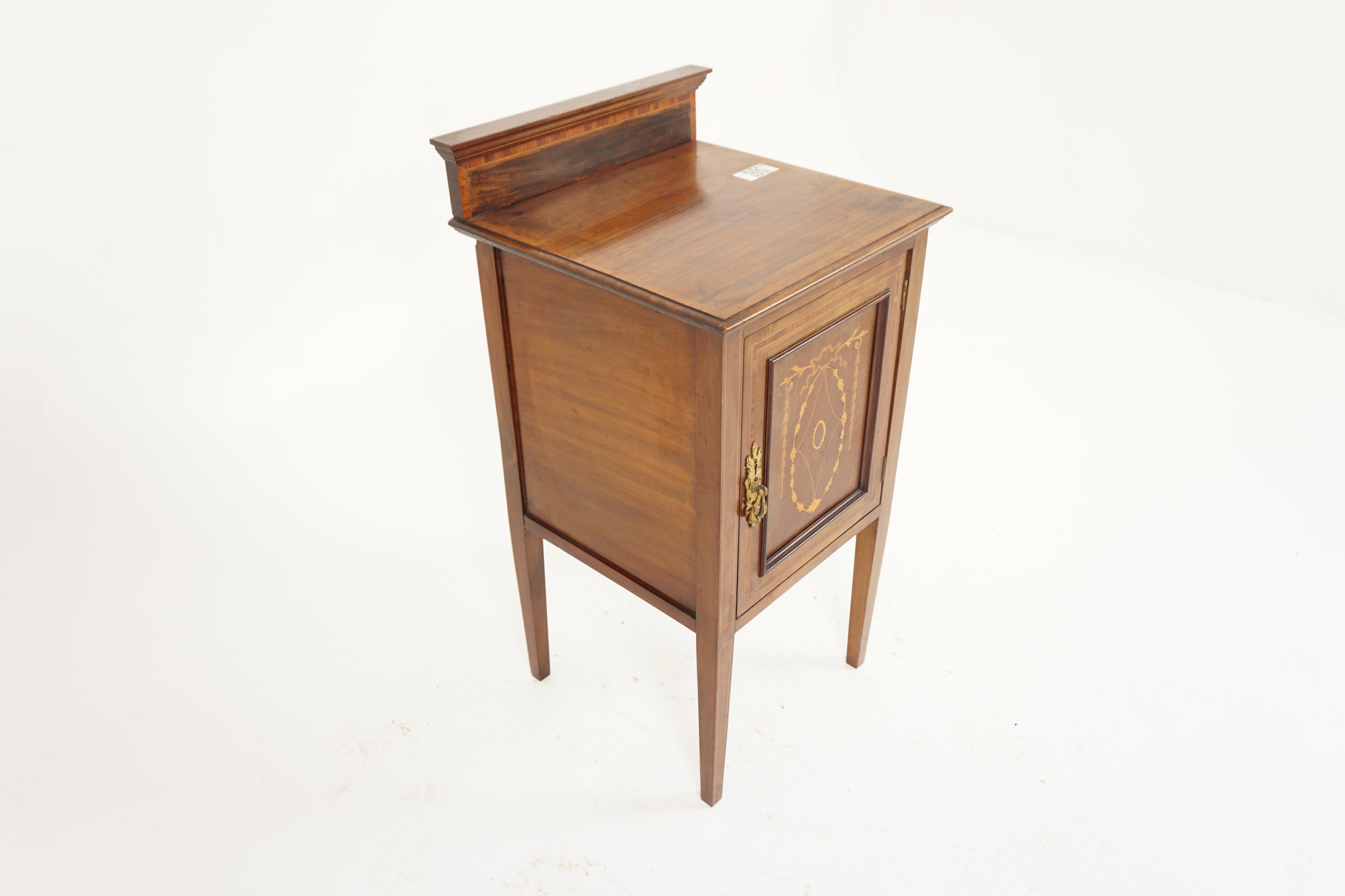 Scottish Antique Inlaid Walnut Nightstand, Sheraton Bedside Table, Scotland 1900, H969 For Sale