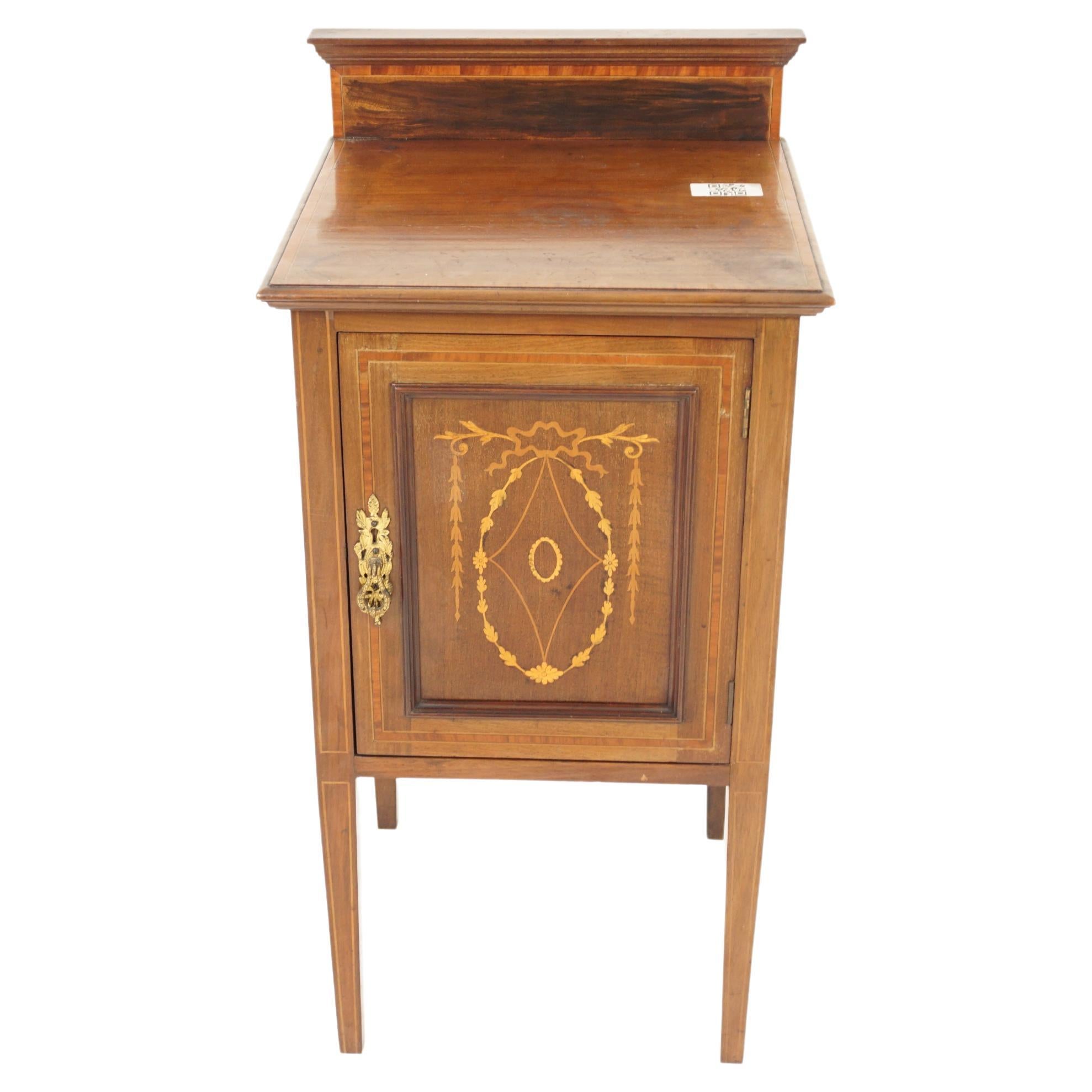 Antique Inlaid Walnut Nightstand, Sheraton Bedside Table, Scotland 1900, H969 For Sale