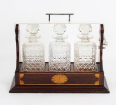 Antique Inlaid Walnut Three Cut Crystal Decanter Tantalus 19th Century