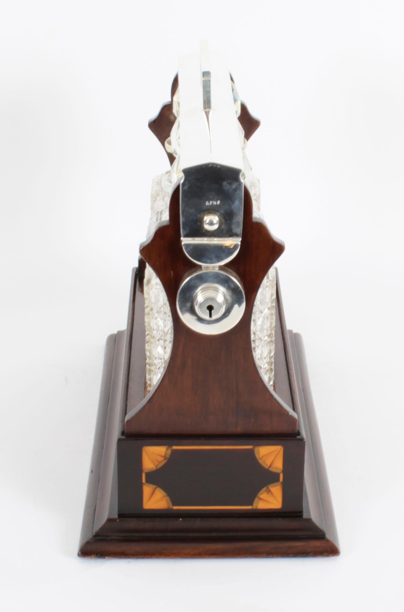 Antique Inlaid Walnut Three Cut Crystal Decanter Tantalus 19th Century In Good Condition In London, GB