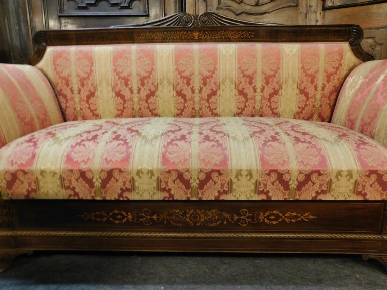 Antique Inlaid Wood Sofa And Yellow And Red Walnut Fabric Carlo X